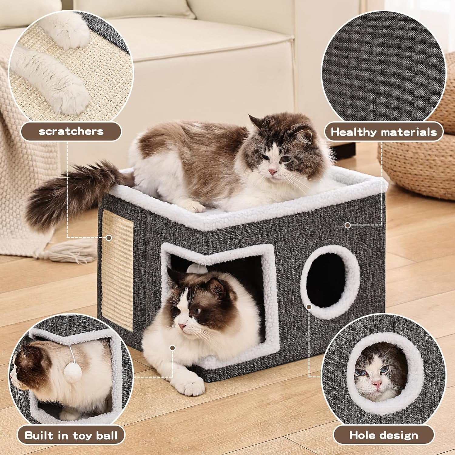 Alkirakira Cat House 2-Story Scratching Post Comfortable Bunk Bed Medium Indoor Cat Cave with Toy Ball, Gray