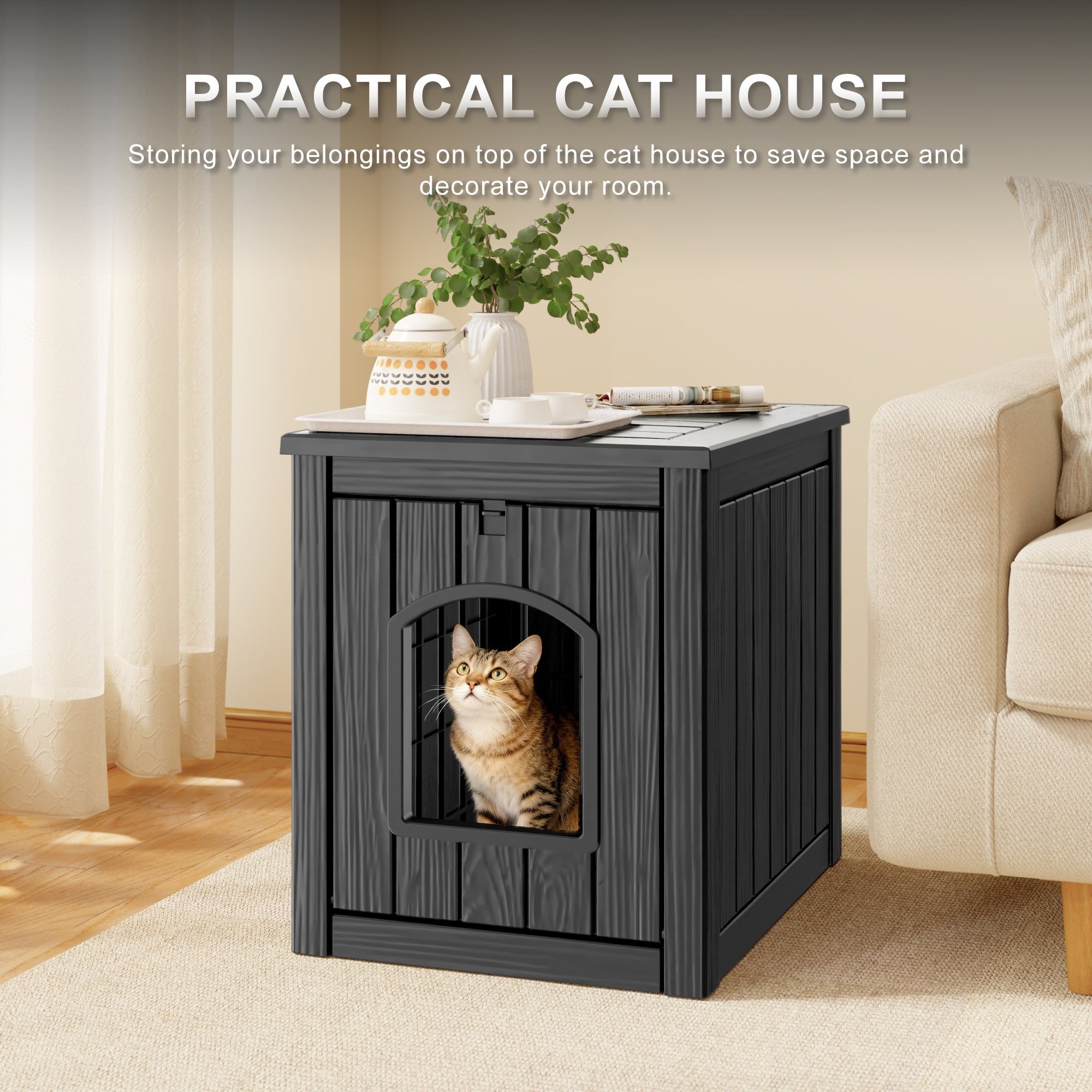 LHBcraft Outdoor Cat House, Weatherproof PP Cat Shelter for Feral &amp; Stray Cats, Durable All-Season Pet House for Garden &amp; Patio ,Black