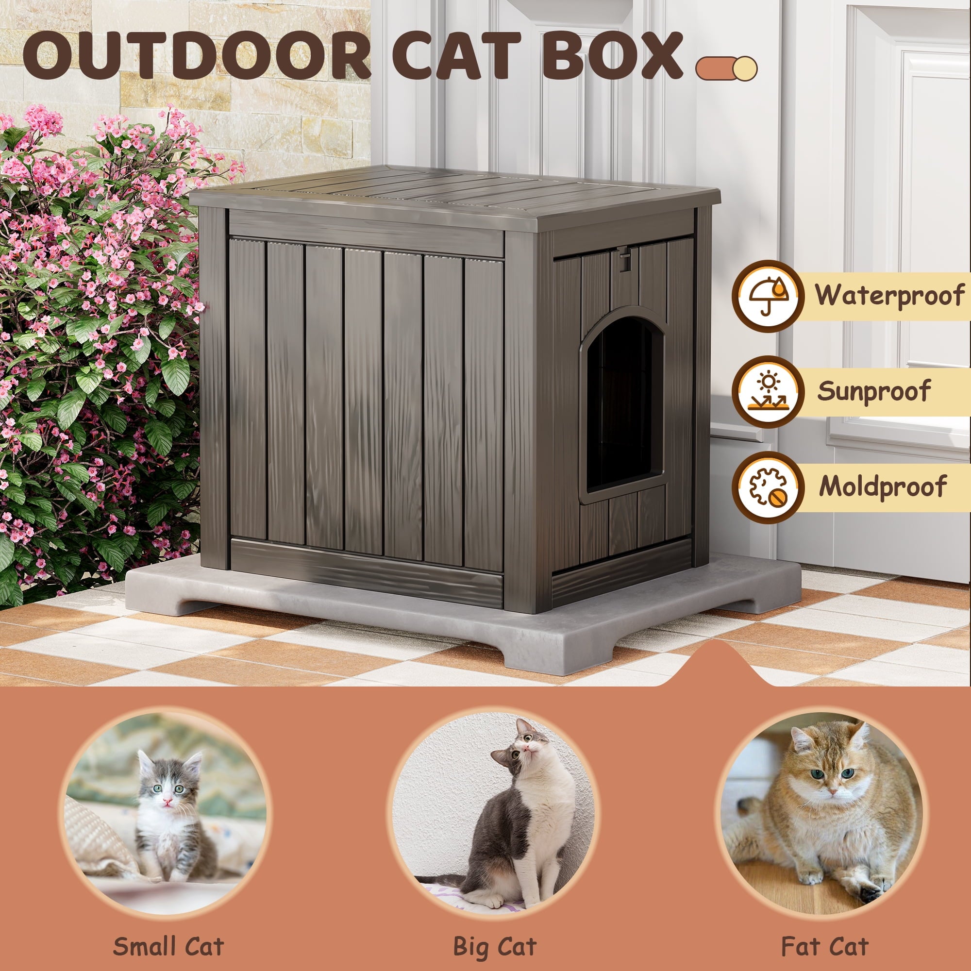 Bifanuo Outdoor Cat House, Outside Multiple Kitty Feral Cat Houses, Weatherproof Shelter for Ferrel Cats and Dogs, Durable PP Material, Insulated Shelter for Garden, Patio, or Backyard (Gray &amp; Black)