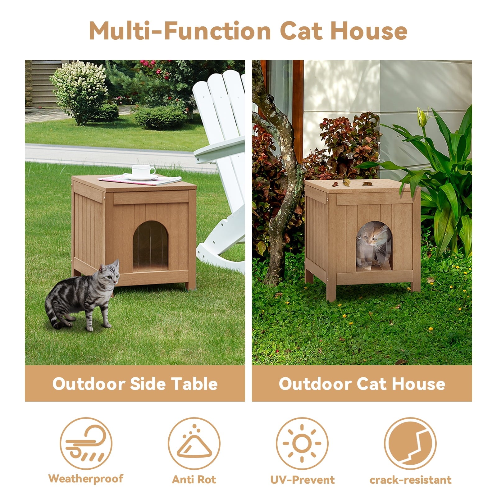 GONICHA Insulated Cat House, Weatherproof Poly Lumber Outdoor Cat House, Moisture-Proof Elevated Cat Shelter with Side Table Function, Openable Roof to Easy Cleaning Cat Houses -Teak Color