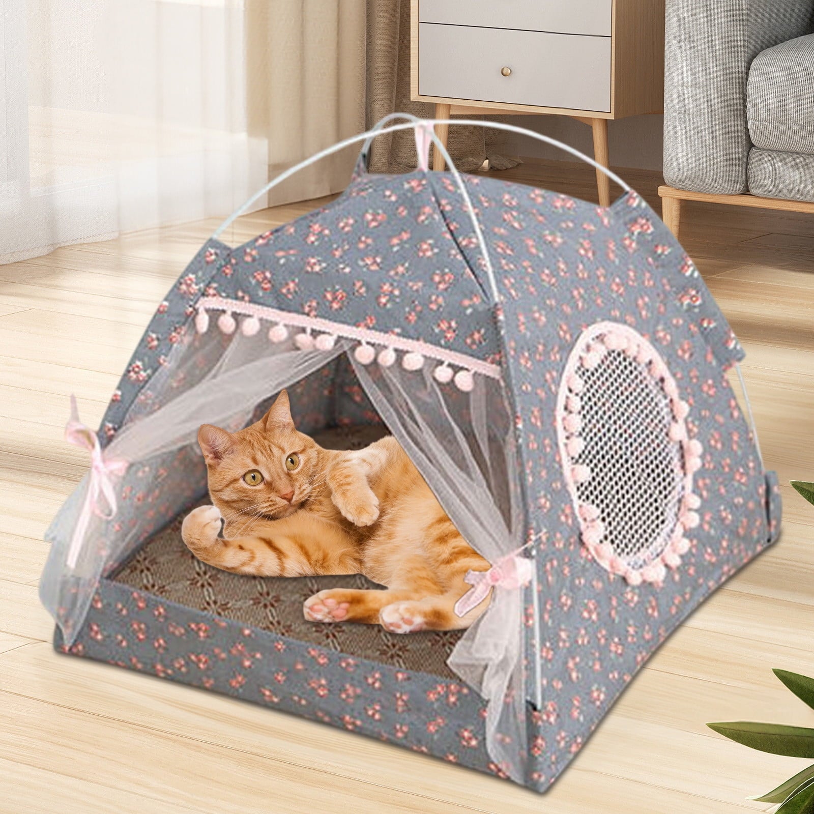 Lilixerw Cat House for Indoor Cats - Large Cat Cave for Pet Cat House with Fluffy Ball Hanging and Scratch Pad,14.1 x 14.1 x 14.5 inch