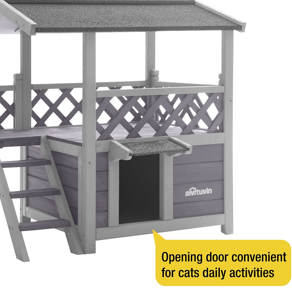 Aivituvin Wood Cat House with Balcony, Outdoor Indoor Kitty Shelter with Stairs