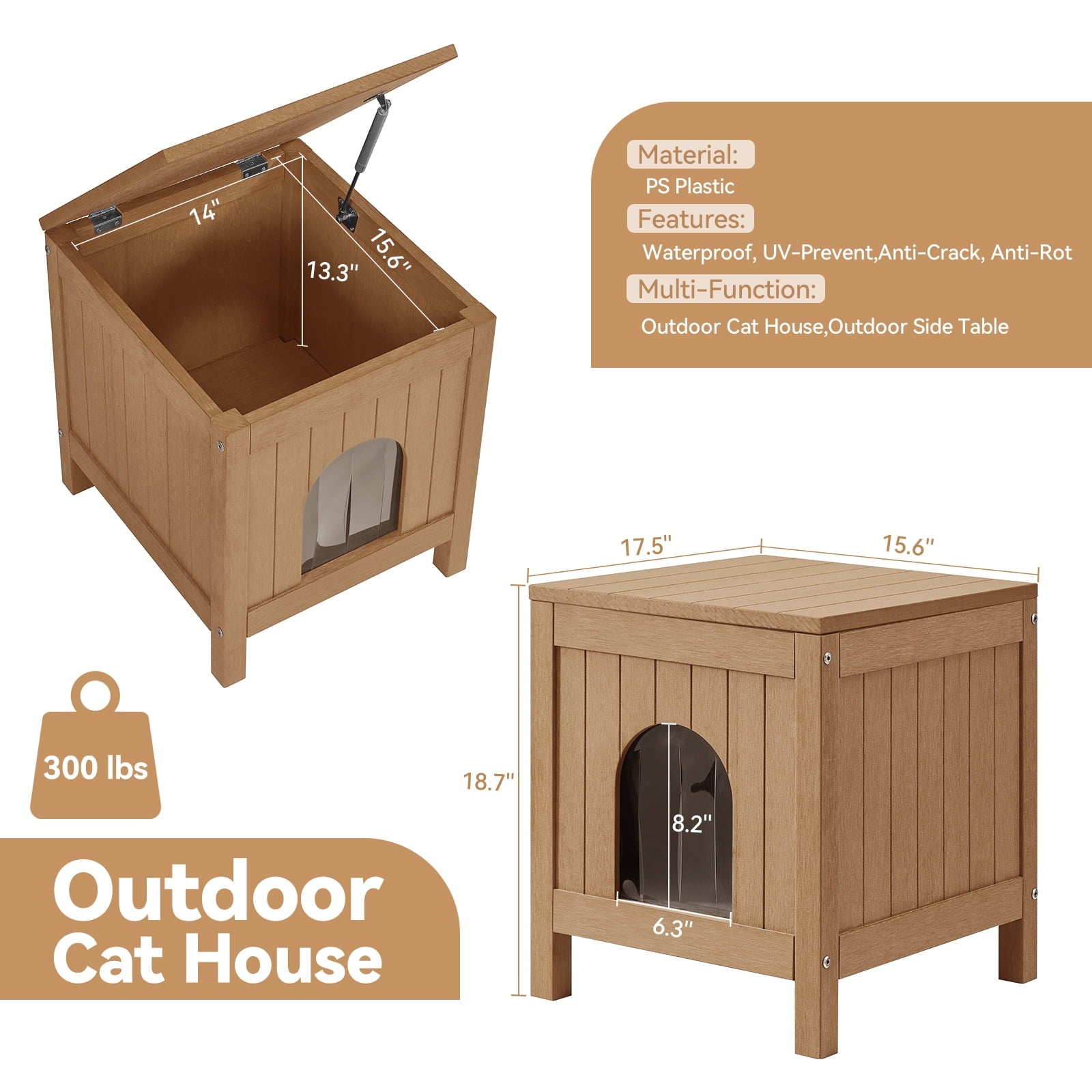 GONICHA Insulated Cat House, Weatherproof Poly Lumber Outdoor Cat House, Moisture-Proof Elevated Cat Shelter with Side Table Function, Openable Roof to Easy Cleaning Cat Houses -Teak Color