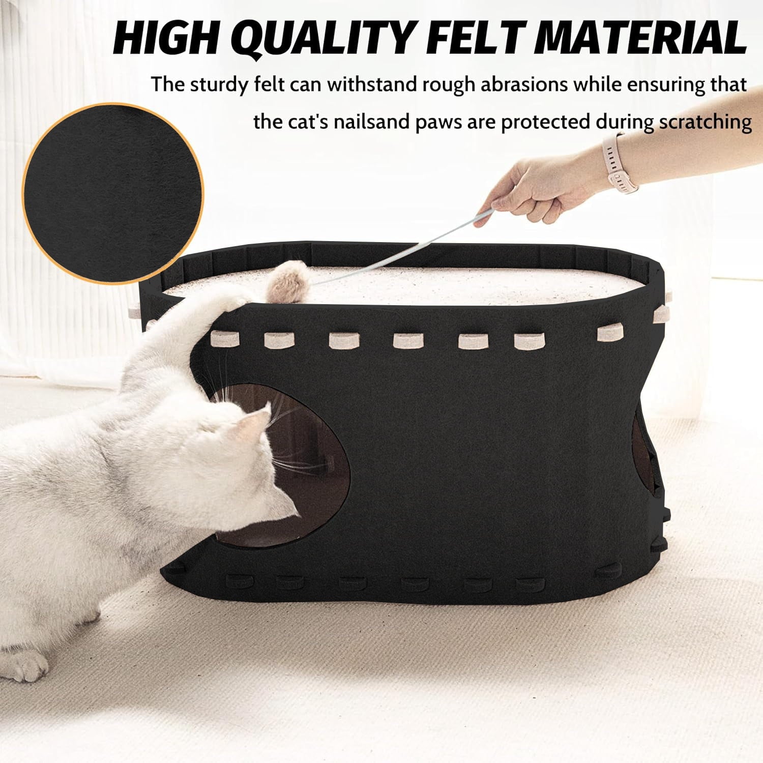 Cat Bed, POPO Extra Large Cat House with Scratch Pad and Fluffy Ball Hanging ,24"x16"x13", Khaki