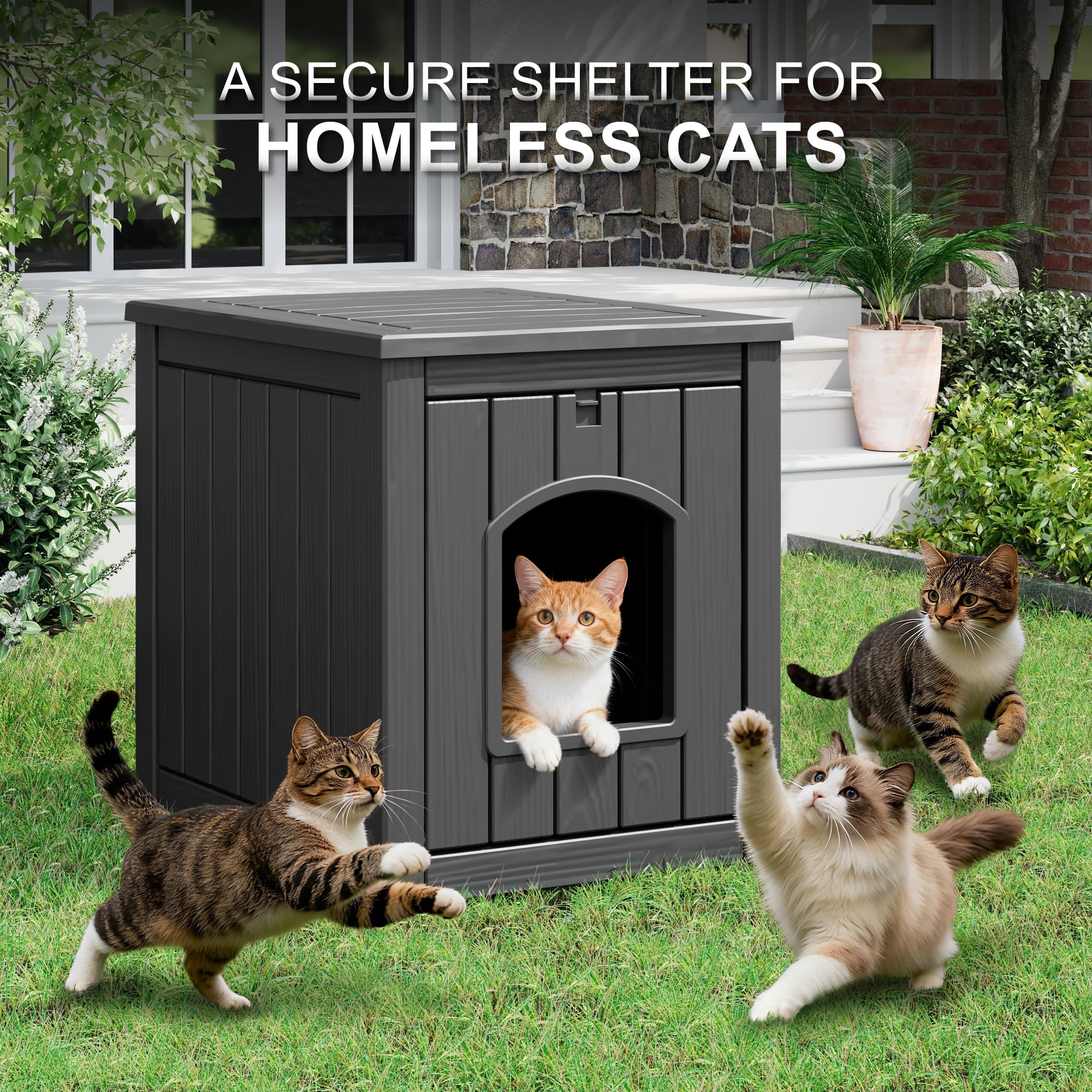 LHBcraft Outdoor Cat House, Weatherproof PP Cat Shelter for Feral &amp; Stray Cats, Durable All-Season Pet House for Garden &amp; Patio ,Black