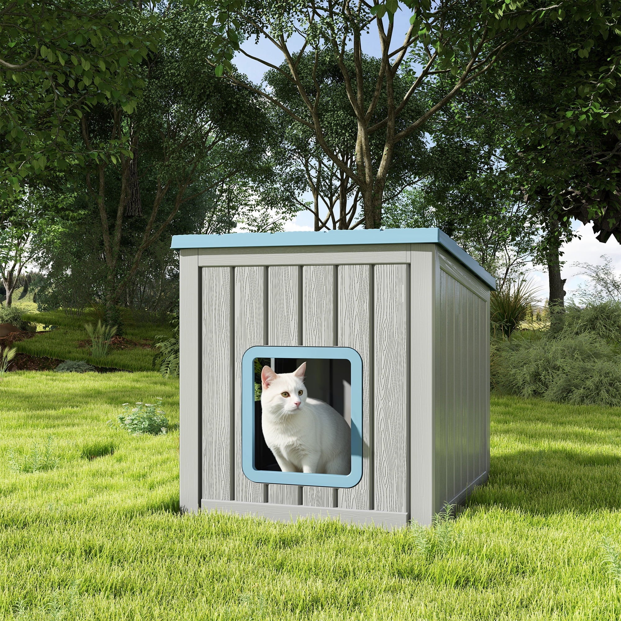 Bifanuo Outdoor Cat House, Outside Multiple Kitty Feral Cat Houses, Weatherproof Shelter for Ferrel Cats and Dogs, Durable PP Material, Insulated Shelter for Garden, Patio, or Backyard (Gray &amp; Black)