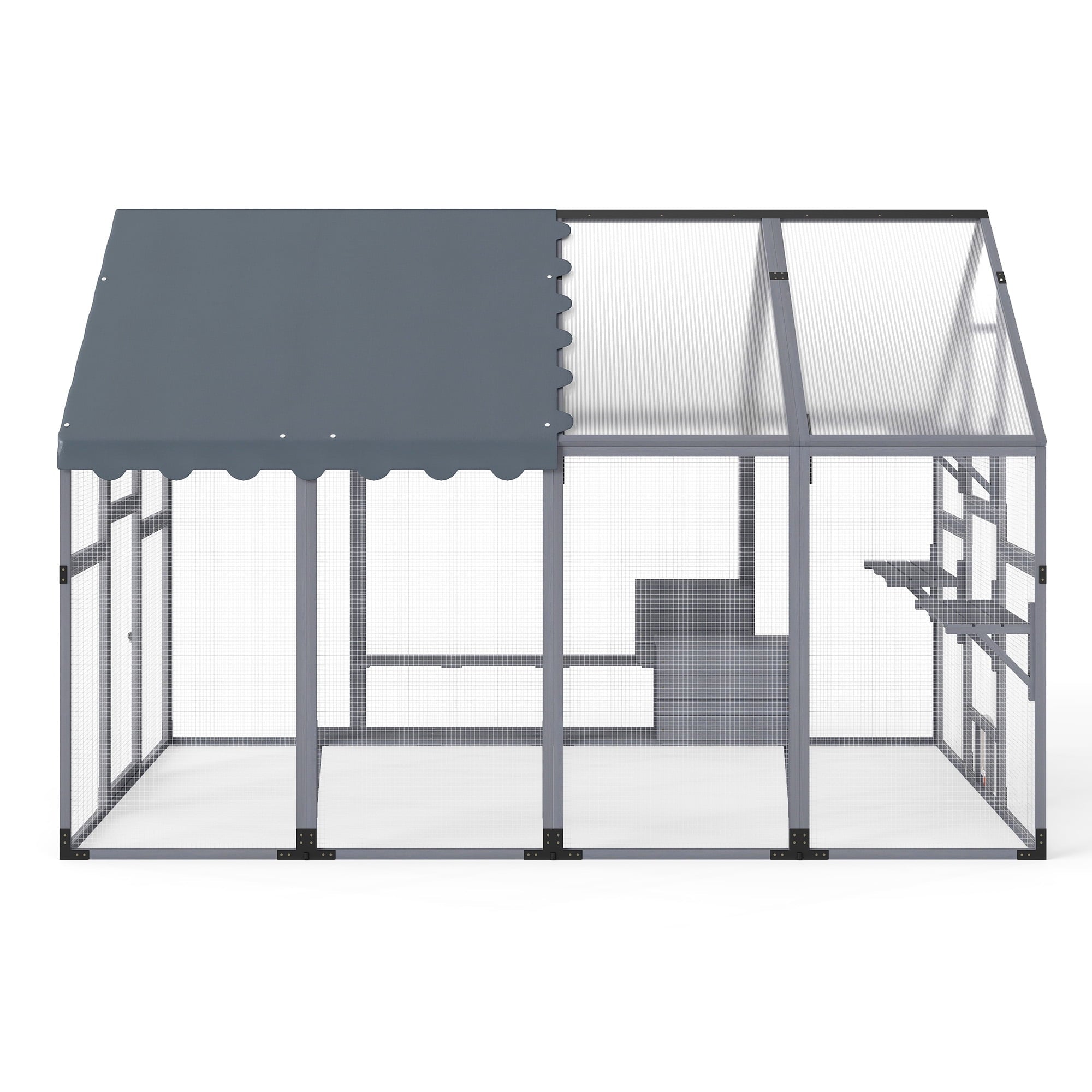 COZIWOW 108" Outdoor Large Cat Enclosure Wooden Kitten Catio Outside Cat House for Multiple Pets with Window Access Jumping Platforms,Gray