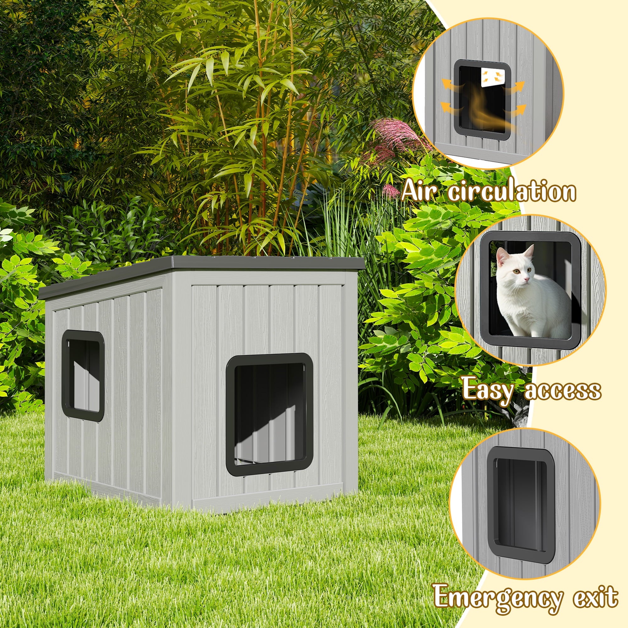 Bifanuo Outdoor Cat House, Outside Multiple Kitty Feral Cat Houses, Weatherproof Shelter for Ferrel Cats and Dogs, Durable PP Material, Insulated Shelter for Garden, Patio, or Backyard (Gray &amp; Black)