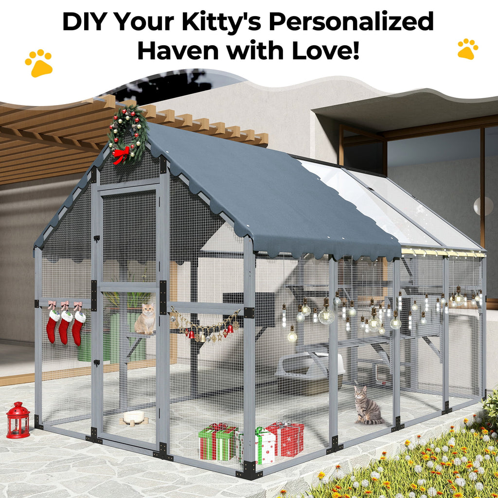 COZIWOW 108" Outdoor Large Cat Enclosure Wooden Kitten Catio Outside Cat House for Multiple Pets with Window Access Jumping Platforms,Gray
