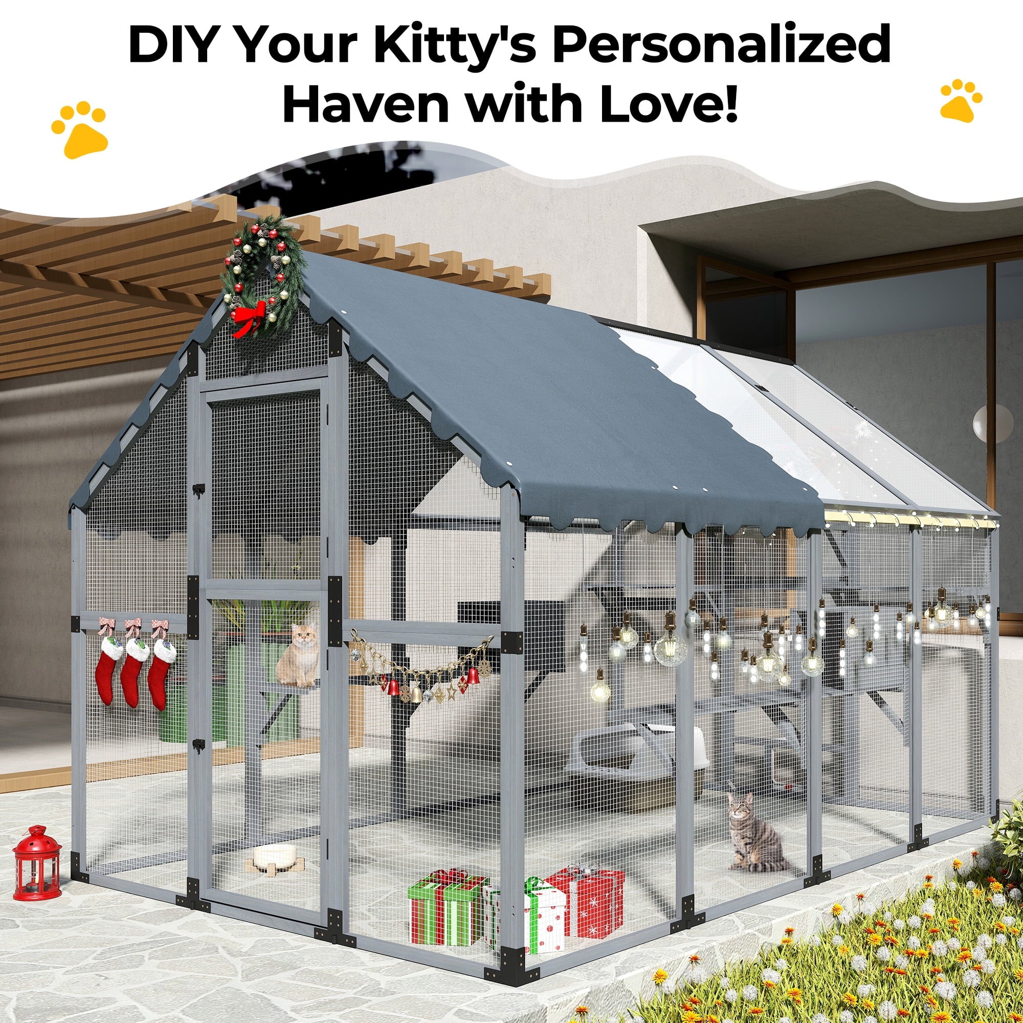 COZIWOW 108" Outdoor Large Cat Enclosure Wooden Kitten Catio Outside Cat House for Multiple Pets with Window Access Jumping Platforms,Gray