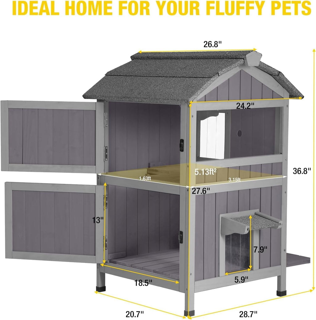 Aivituvin Outdoor Feral Cat House 2-Story Cat Cottage Kitten Shelter with Window