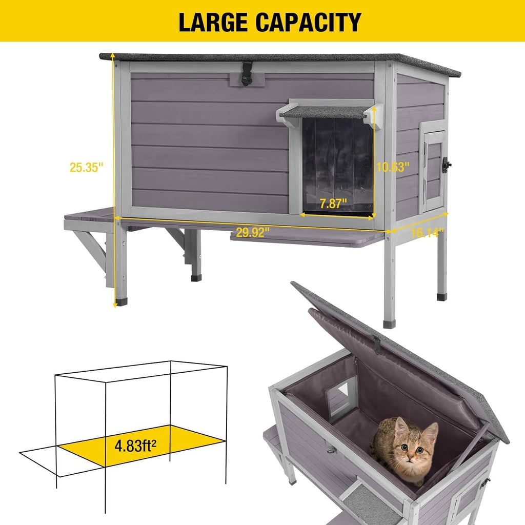 Aivituvin Wood Cat House with Balcony, Outdoor Indoor Kitty Shelter with Stairs