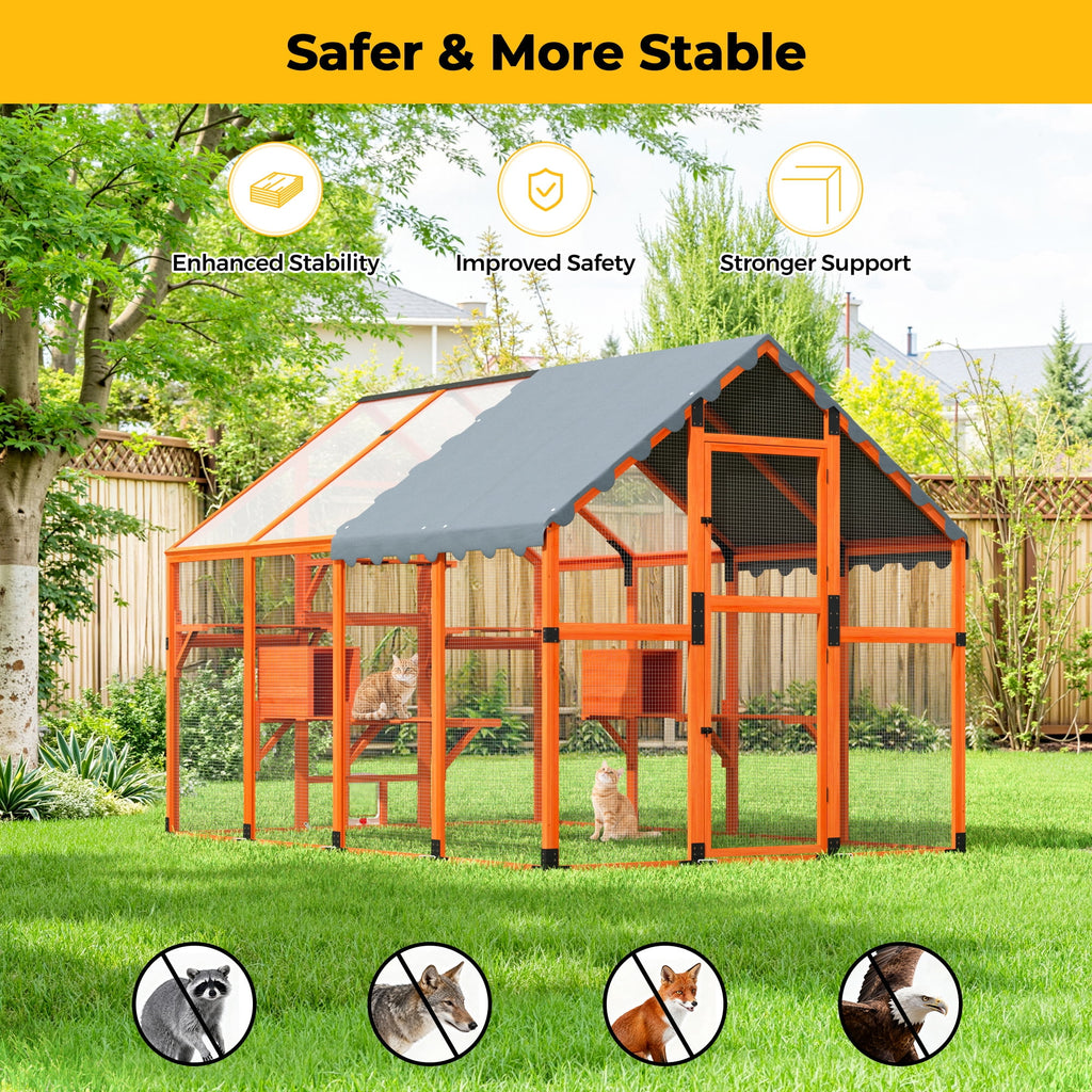 COZIWOW 108" Outdoor Large Cat Enclosure Wooden Kitten Catio Outside Cat House for Multiple Pets with Window Access Jumping Platforms,Gray