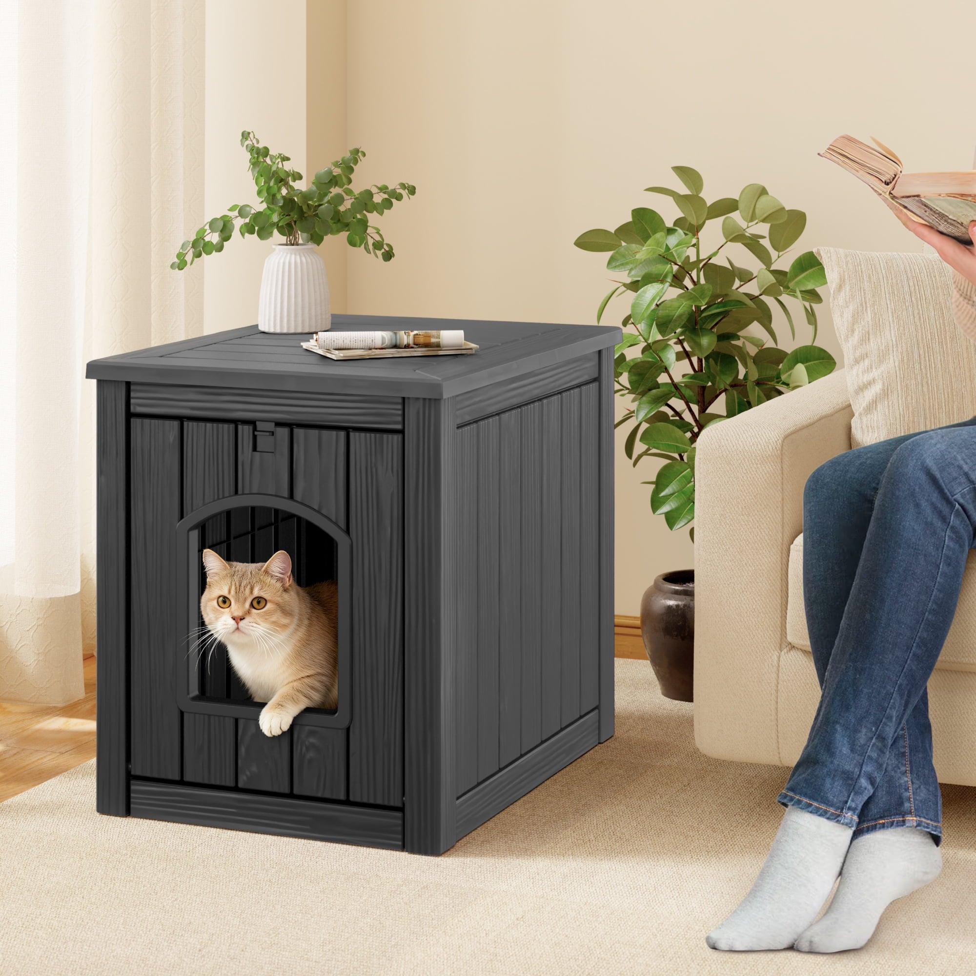 LHBcraft Outdoor Cat House, Weatherproof PP Cat Shelter for Feral &amp; Stray Cats, Durable All-Season Pet House for Garden &amp; Patio ,Black