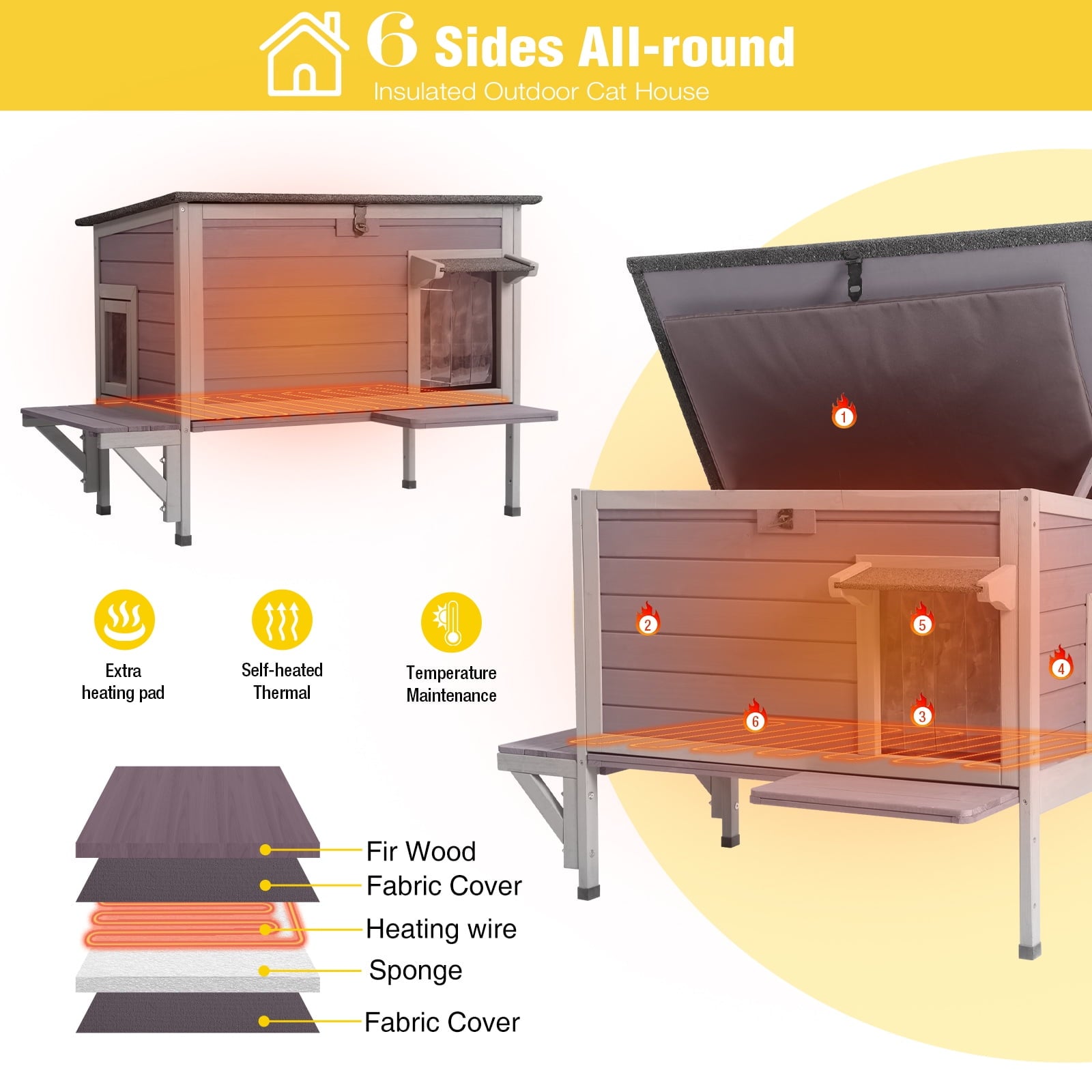 Aivituvin Wood Cat House with Balcony, Outdoor Indoor Kitty Shelter with Stairs