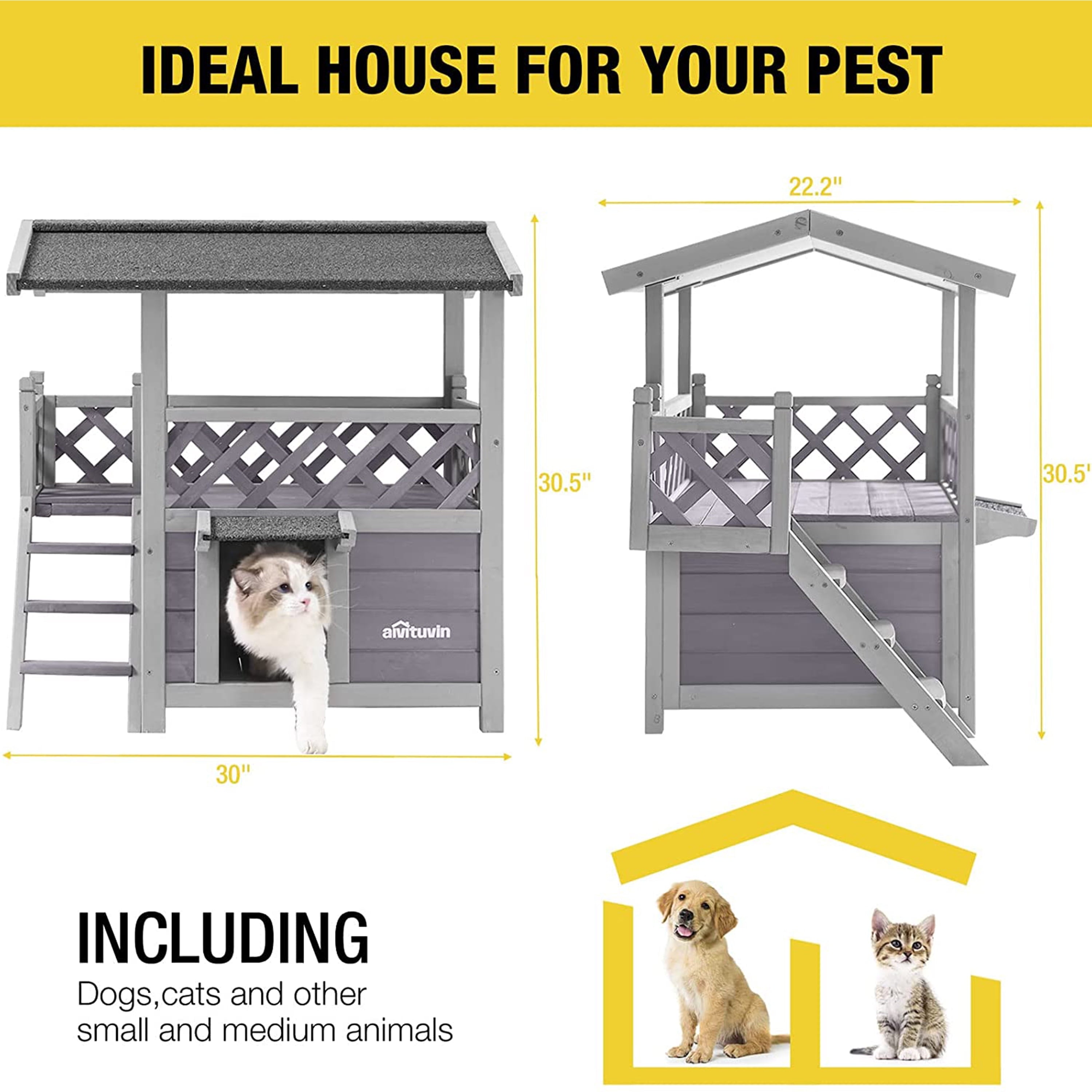 Aivituvin Wood Cat House with Balcony, Outdoor Indoor Kitty Shelter with Stairs