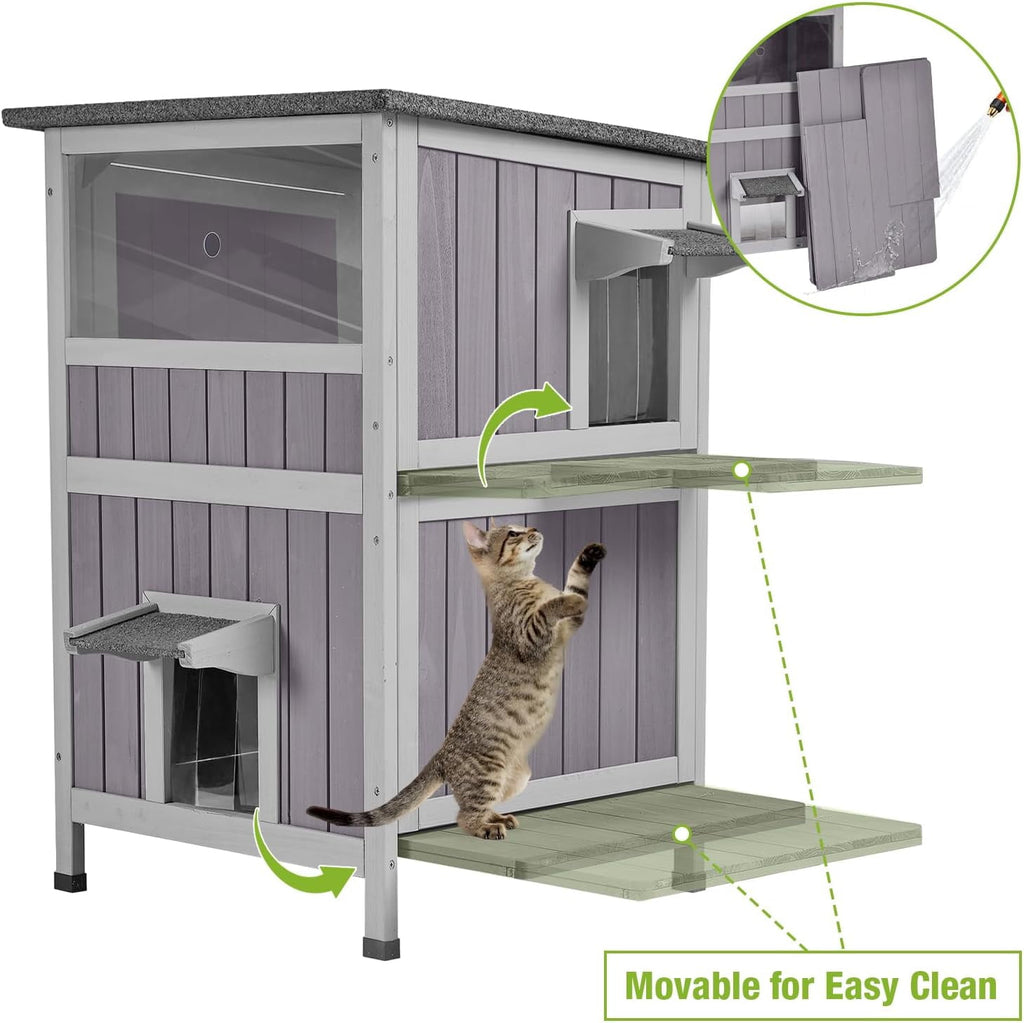 Aivituvin Outdoor Cat House, Waterproof Feral Cat Shelter, 2-Story Cat Cage for Outdoor and Indoor Use, Gray