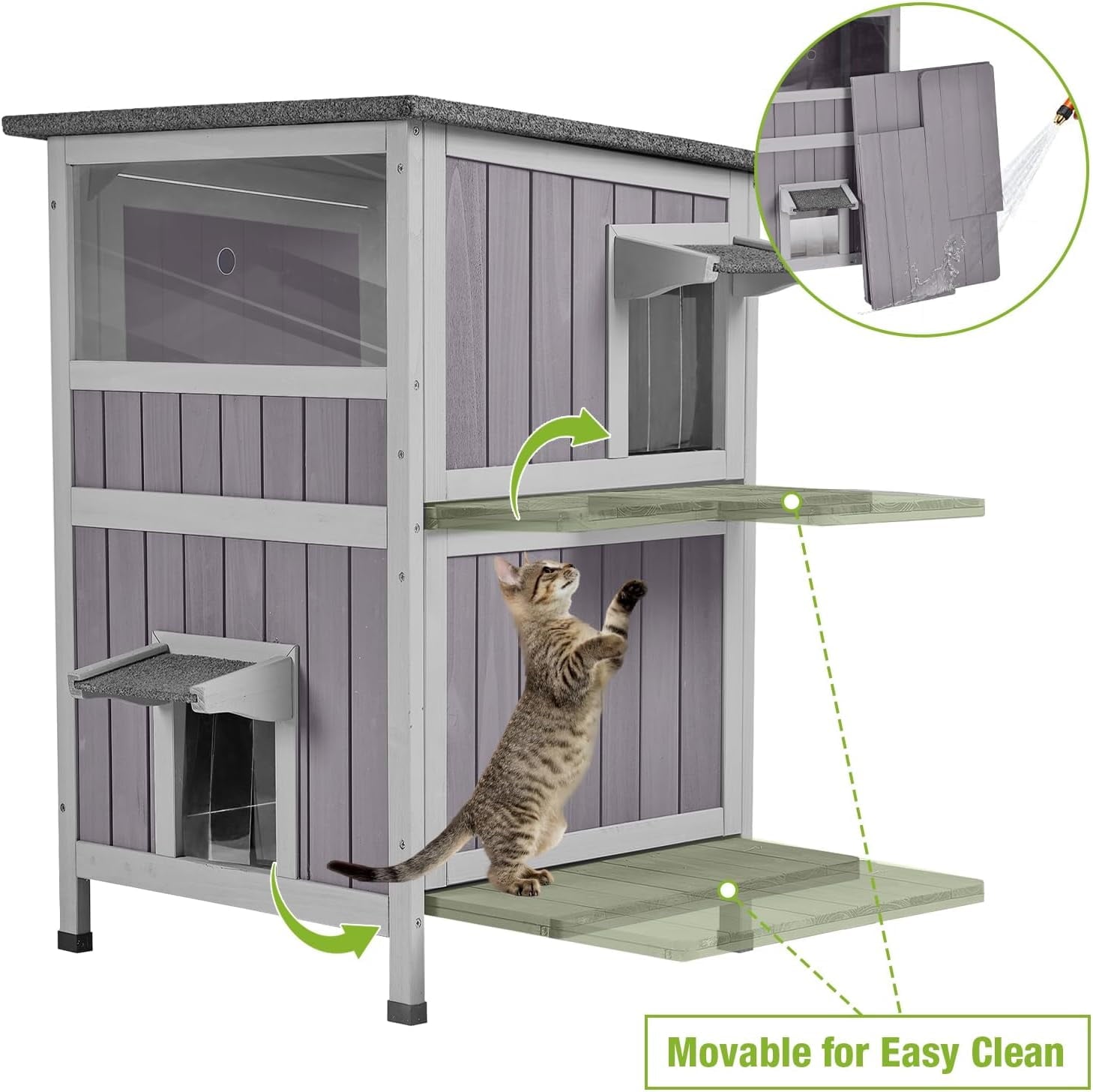 Aivituvin Outdoor Cat House, Waterproof Feral Cat Shelter, 2-Story Cat Cage for Outdoor and Indoor Use, Gray