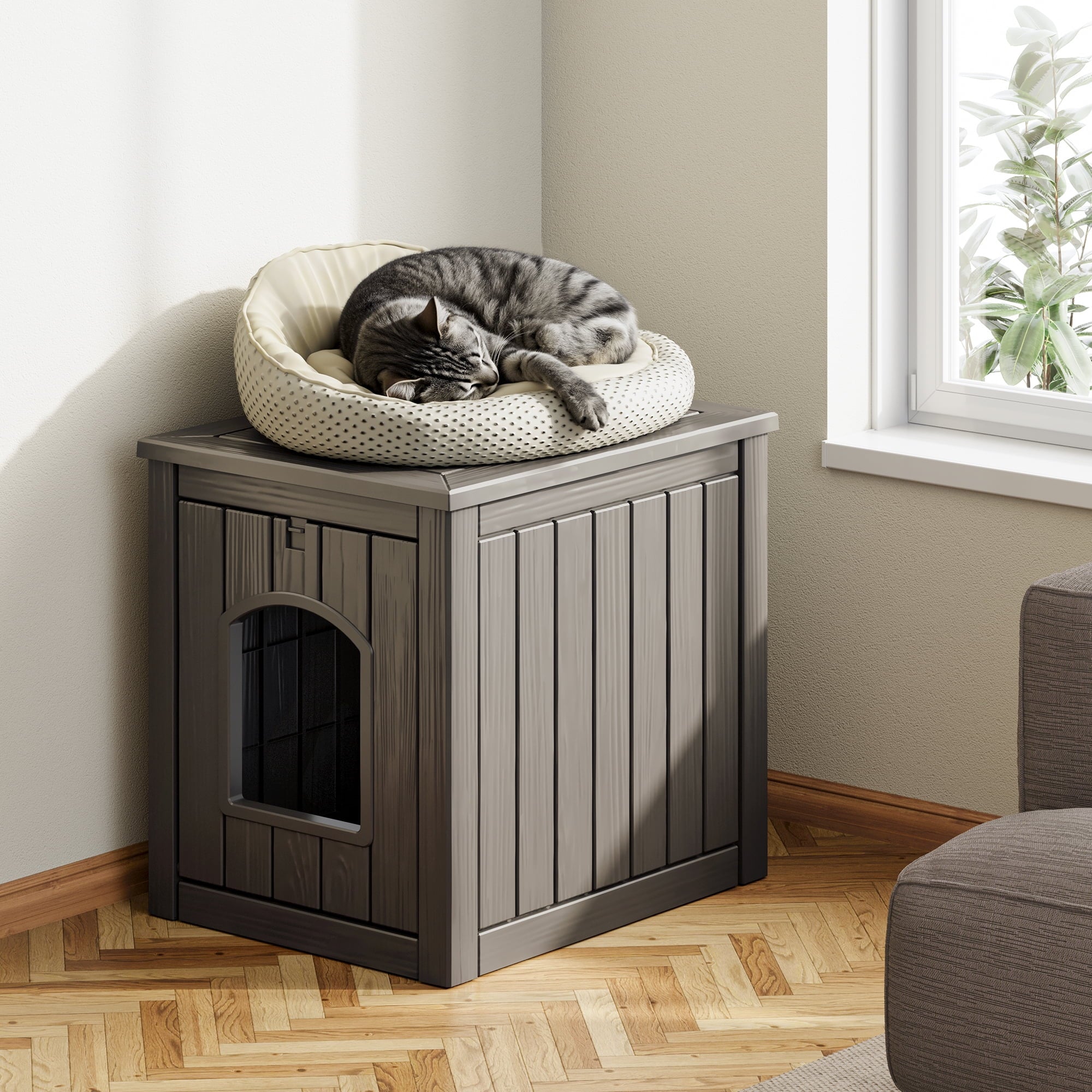 Bifanuo Outdoor Cat House, Outside Multiple Kitty Feral Cat Houses, Weatherproof Shelter for Ferrel Cats and Dogs, Durable PP Material, Insulated Shelter for Garden, Patio, or Backyard (Gray &amp; Black)