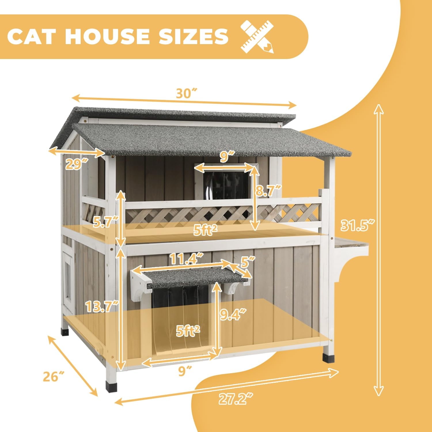 Gowoodhut Cat House Two-Story Wooden Feral Cat Shelter with Balcony for Indoor &amp; Outdoor , Gray