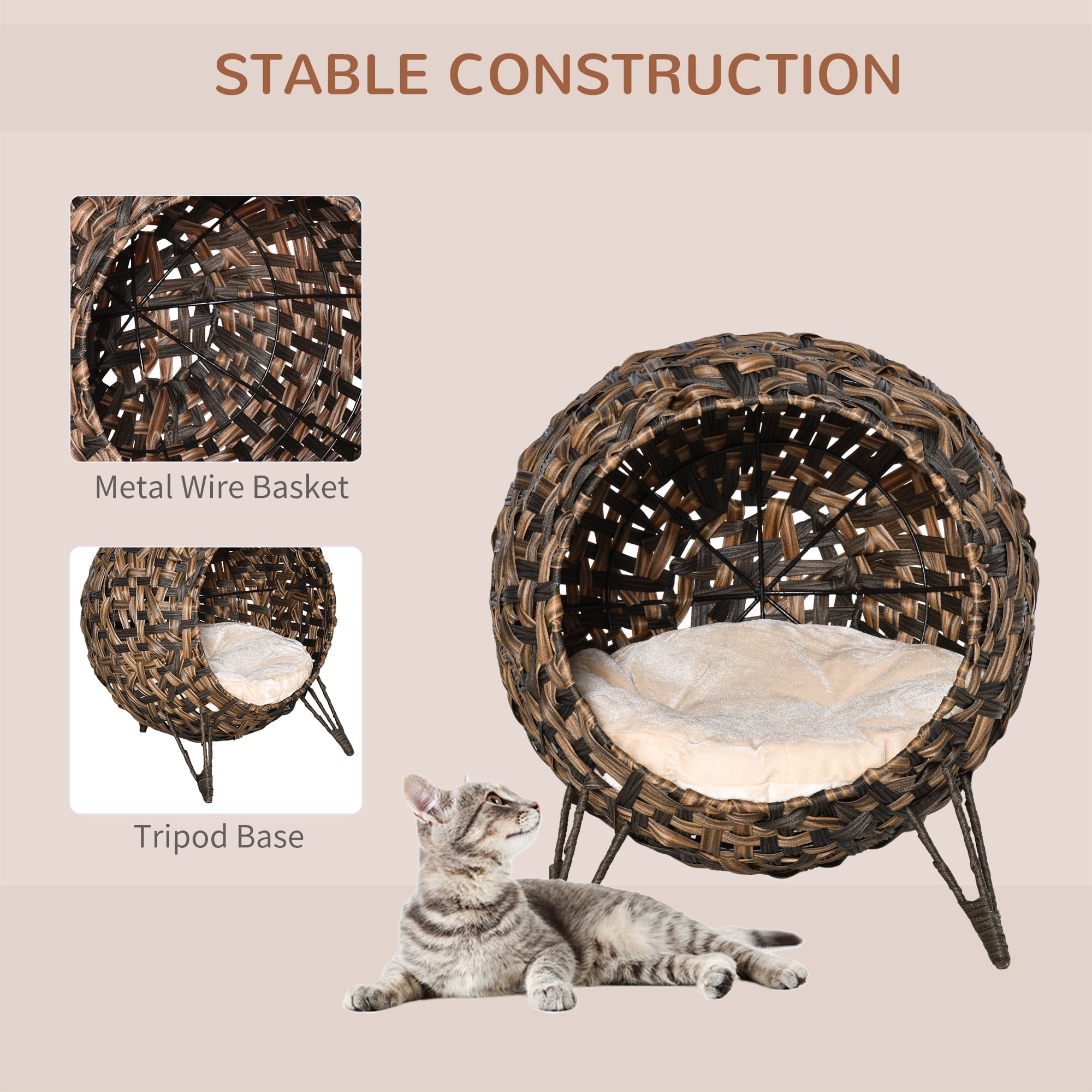 Pawhut 20.5" Natural Rattan Cat House, Brown