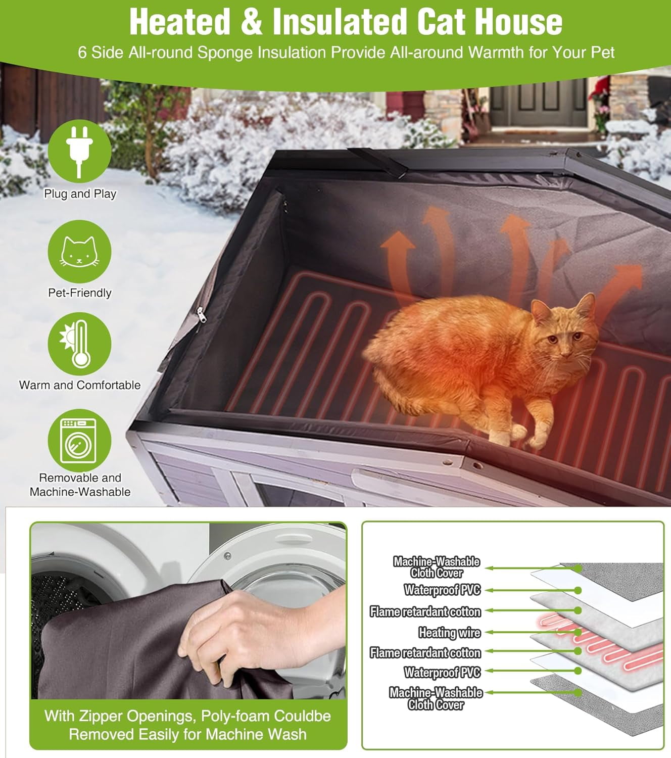 Aivituvin Heated Cat House for Outside, 2-Tier Insulated Cat House with Heating Pad, Oversized Weatherproof Feral Cat Shelter for 2-4 Cats