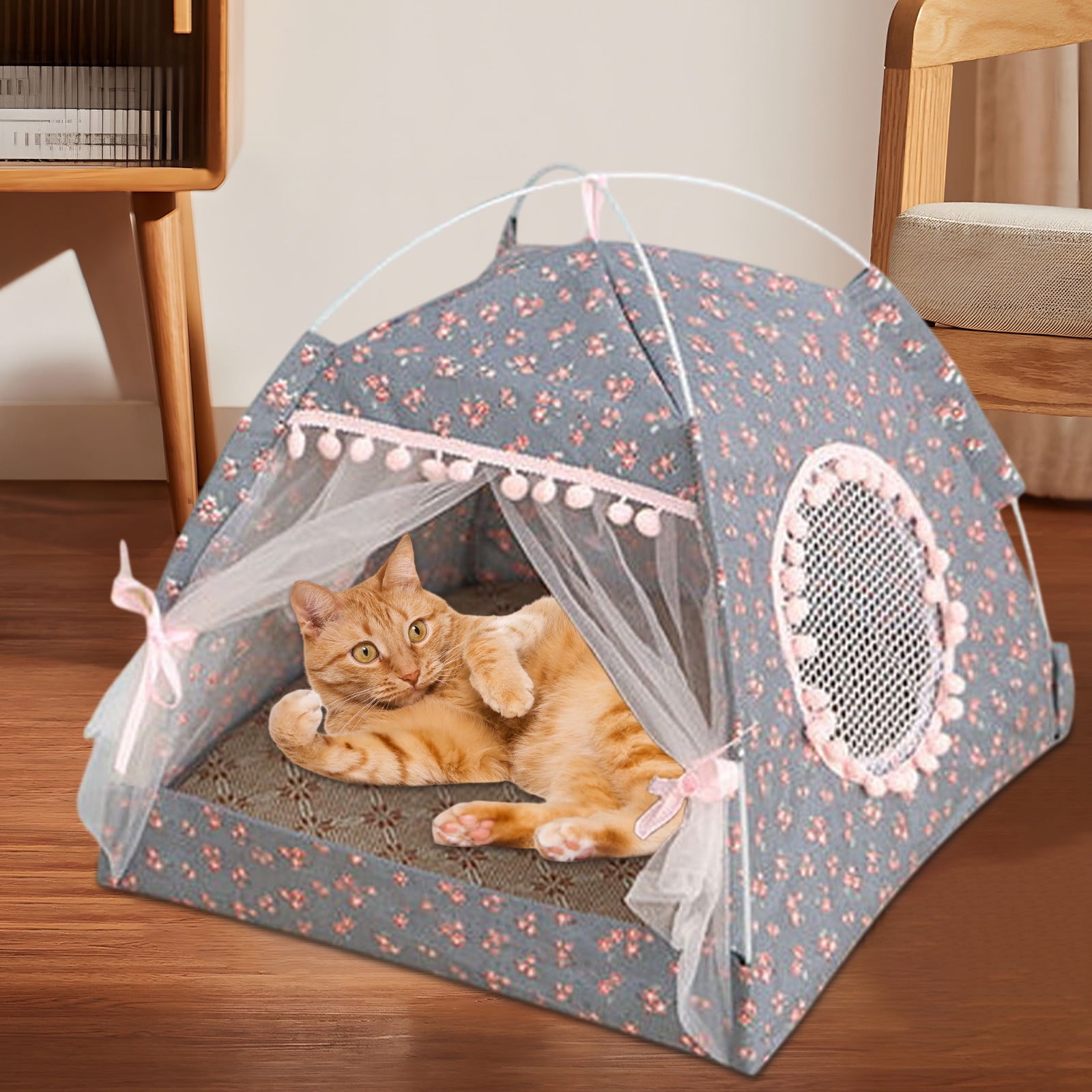 Lilixerw Cat House for Indoor Cats - Large Cat Cave for Pet Cat House with Fluffy Ball Hanging and Scratch Pad,14.1 x 14.1 x 14.5 inch