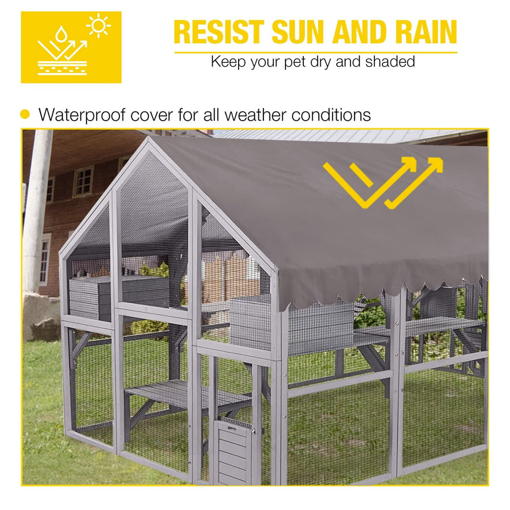 Aivituvin Large Cat Catio Walk-in Enclosure Wooden Cage with Bridges, Platforms, Rest Rooms, Roof Cover