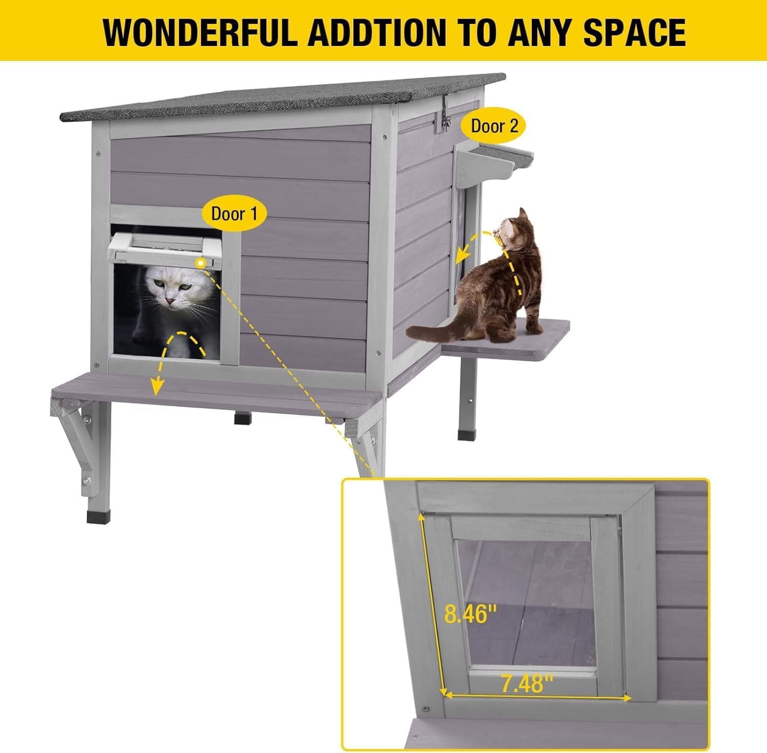 Aivituvin Wood Cat House with Balcony, Outdoor Indoor Kitty Shelter with Stairs
