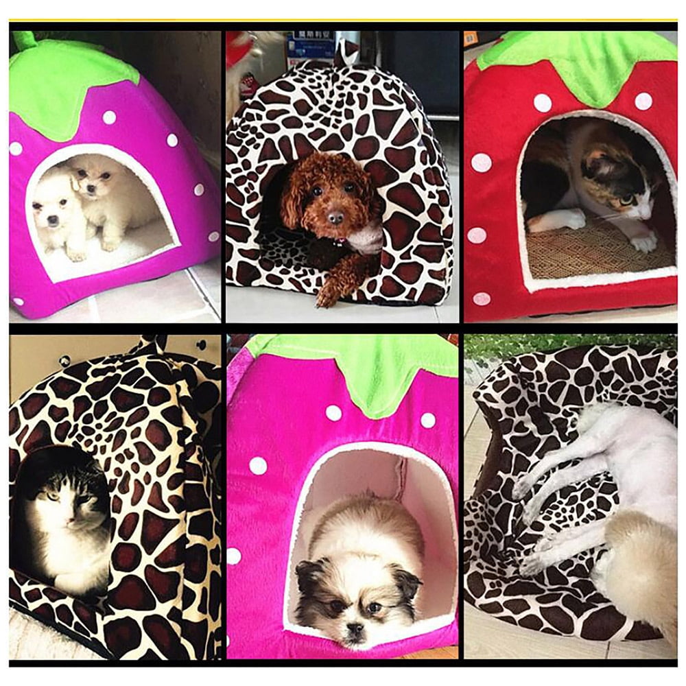 CHGBMOK Cute Strawberry Cat House Indoors Winter Warm Pet Dog Bed Foldable Fleece Warm Yurt