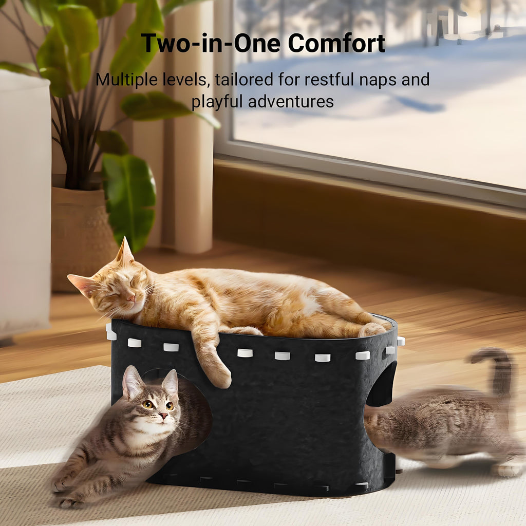 Cat Bed, POPO Extra Large Cat House with Scratch Pad and Fluffy Ball Hanging ,24"x16"x13", Khaki