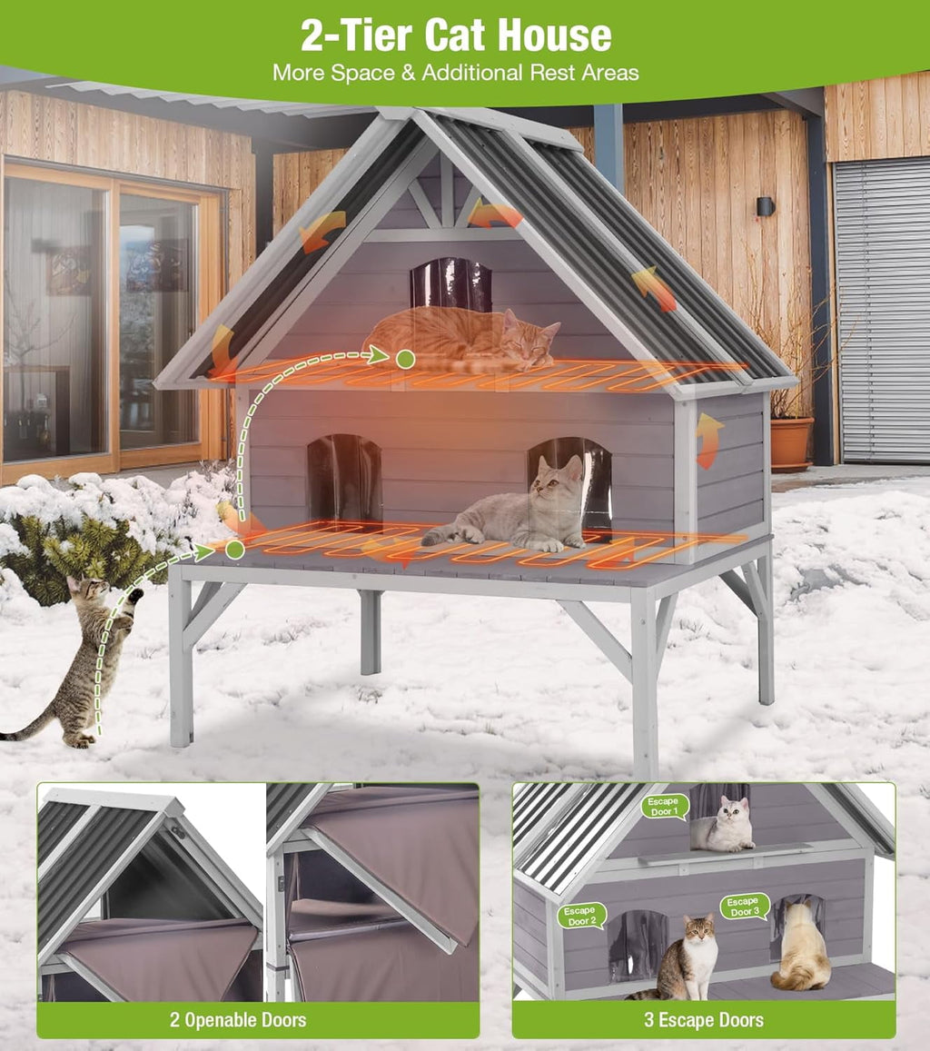 Aivituvin Heated Cat House for Outside, 2-Tier Insulated Cat House with Heating Pad, Oversized Weatherproof Feral Cat Shelter for 2-4 Cats