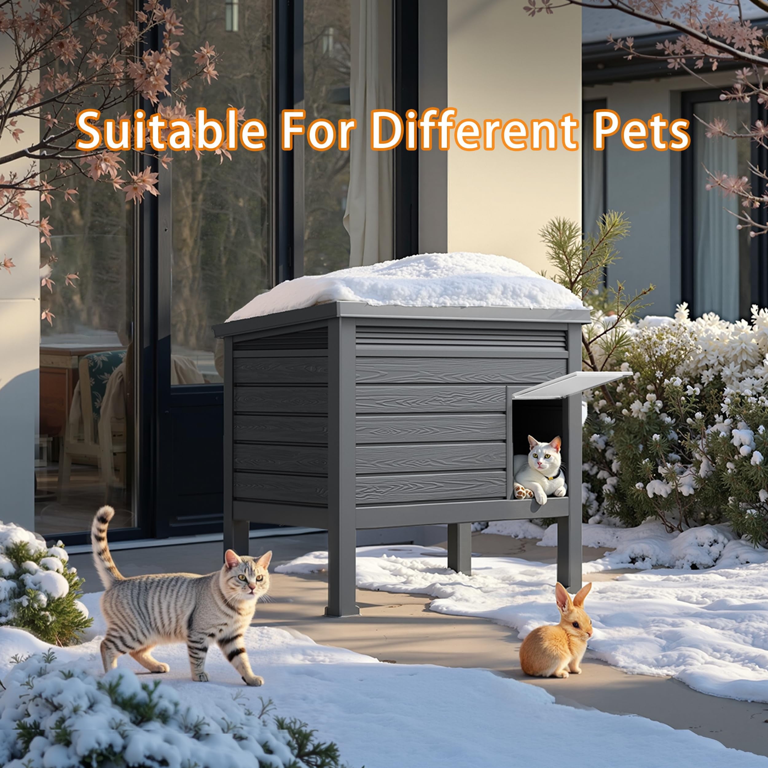 EasyUp Outdoor Cat House,Weatherproof Feral Cat Shelter with Raised Floor,Warm,Resin Material,Outdoor Feral Cat House for Cats and Small Animals,with Door,Easy to Assemble (Black, Large)