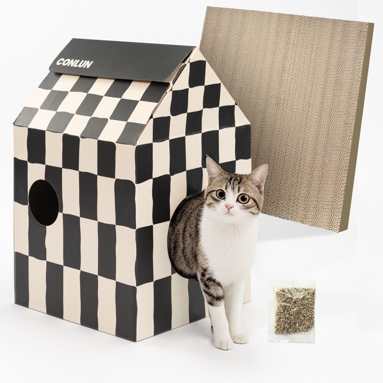 Conlun Cat Scratcher Cardboard Cat House with Cat Scratching Pad&amp;Catnip,Removable Cat Scratcher Pad Home Toy for Indoor Cats