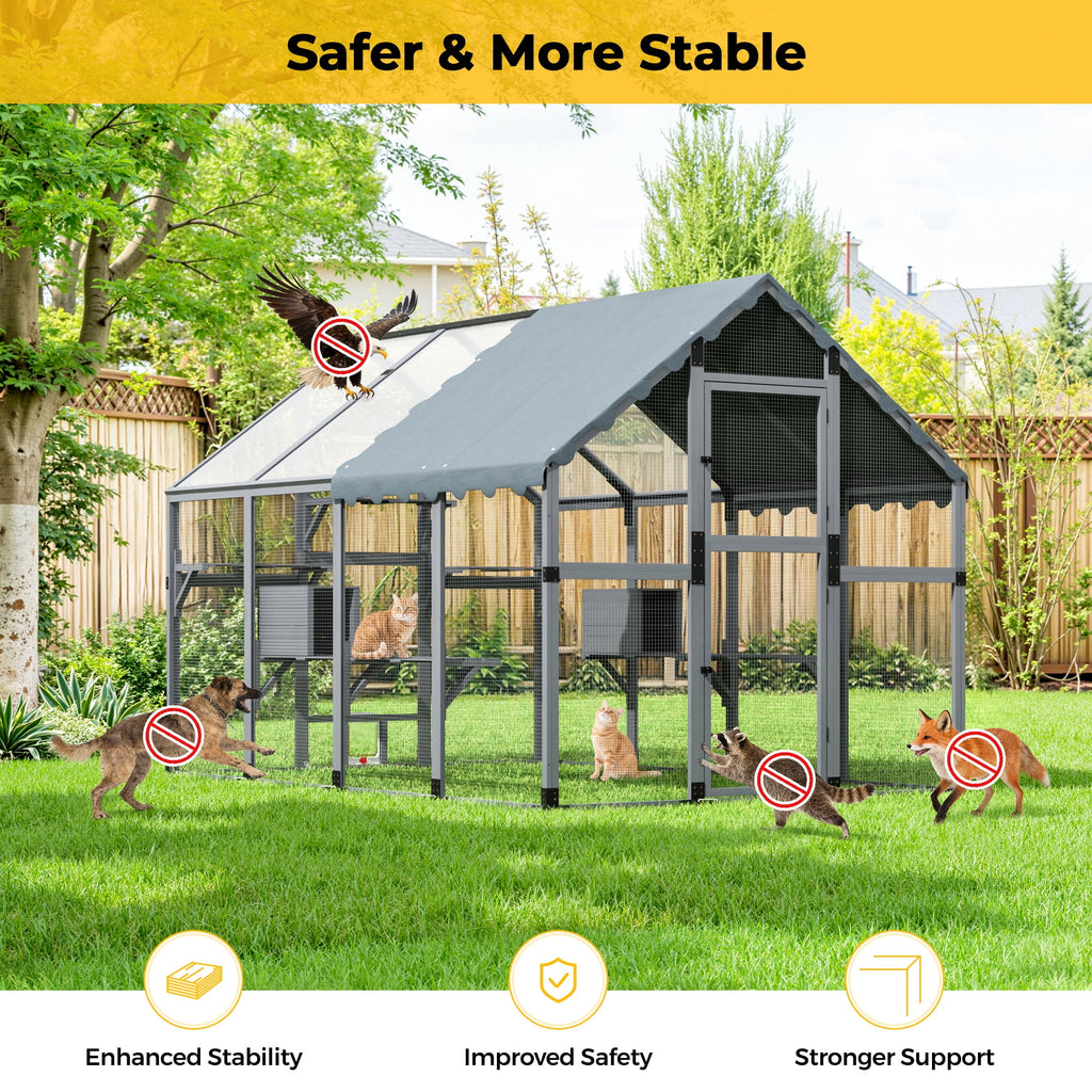 COZIWOW 108" Outdoor Large Cat Enclosure Wooden Kitten Catio Outside Cat House for Multiple Pets with Window Access Jumping Platforms,Gray