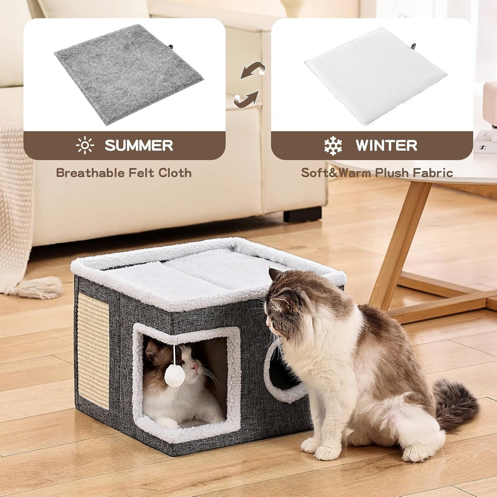 Alkirakira Cat House 2-Story Scratching Post Comfortable Bunk Bed Medium Indoor Cat Cave with Toy Ball, Gray