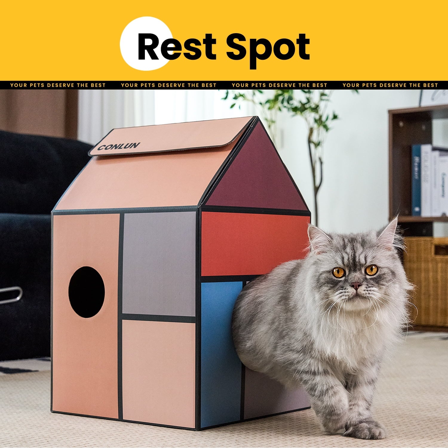 Conlun Cat Scratcher Cardboard Cat House with Cat Scratching Pad&amp;Catnip,Removable Cat Scratcher Pad Home Toy for Indoor Cats