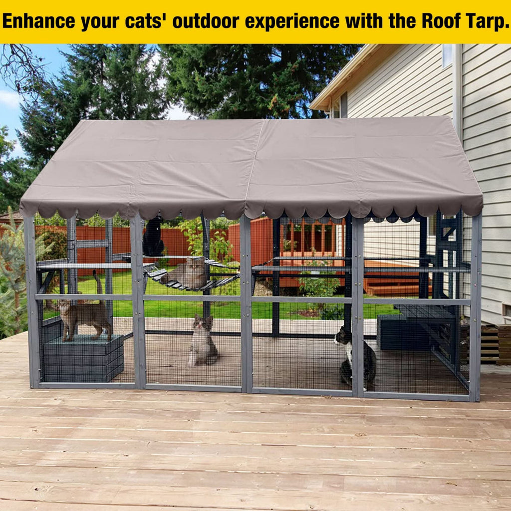 Aivituvin Large Cat Catio Walk-in Enclosure Wooden Cage with Bridges, Platforms, Rest Rooms, Roof Cover