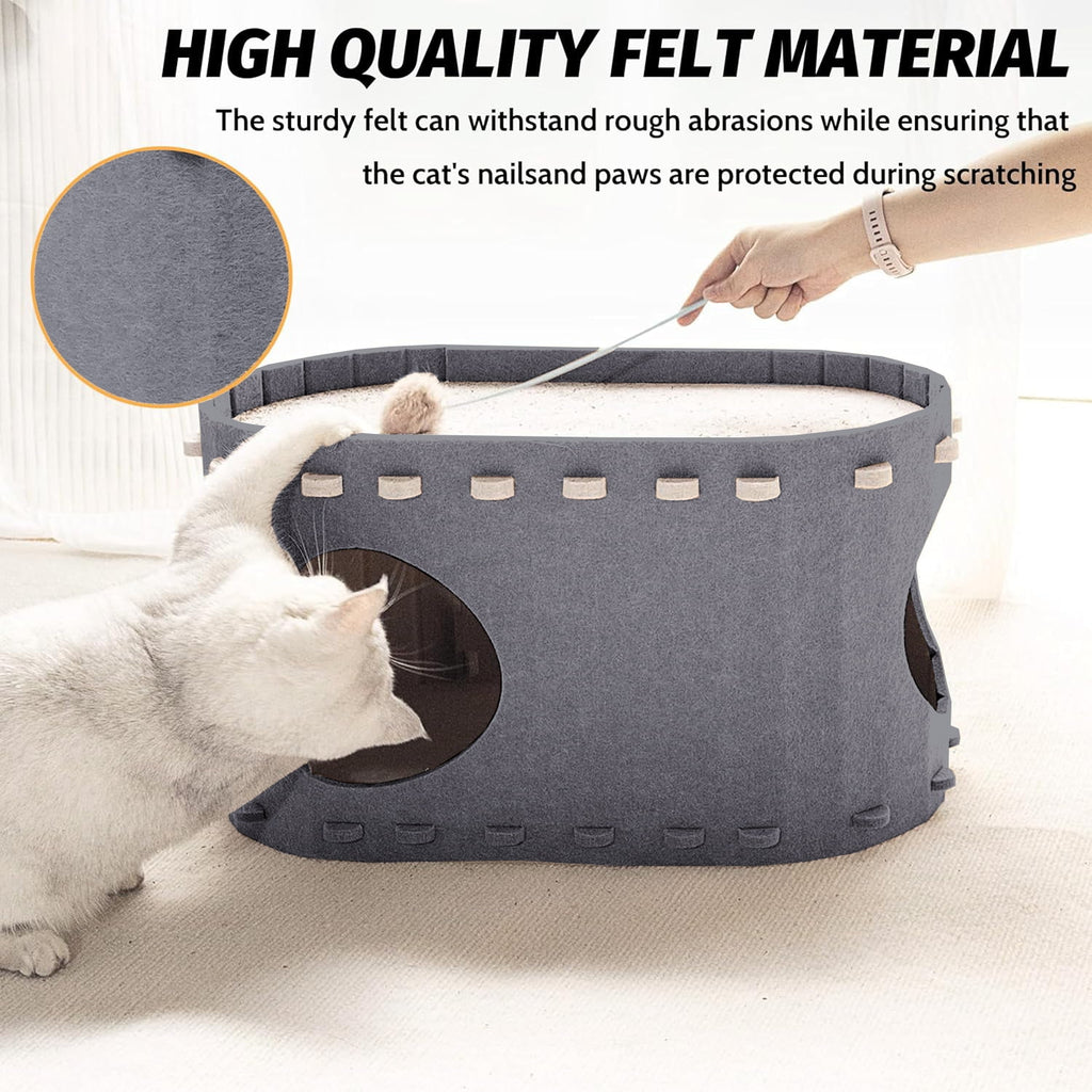 Cat Bed, POPO Extra Large Cat House with Scratch Pad and Fluffy Ball Hanging ,24"x16"x13", Khaki
