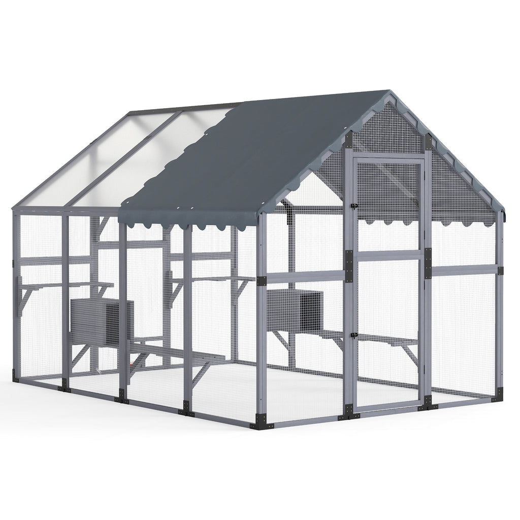 COZIWOW 108" Outdoor Large Cat Enclosure Wooden Kitten Catio Outside Cat House for Multiple Pets with Window Access Jumping Platforms,Gray