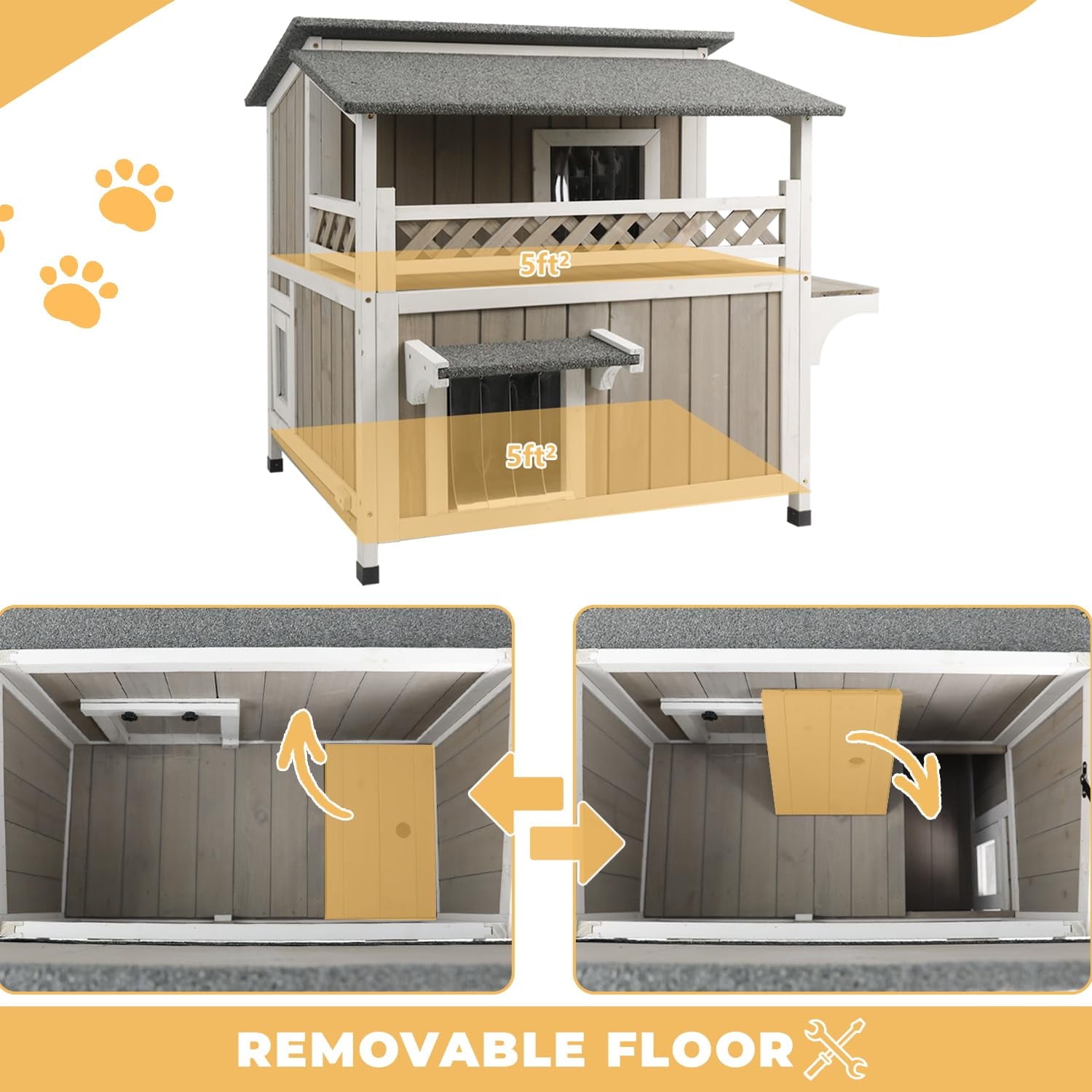 Gowoodhut Cat House Two-Story Wooden Feral Cat Shelter with Balcony for Indoor &amp; Outdoor , Gray