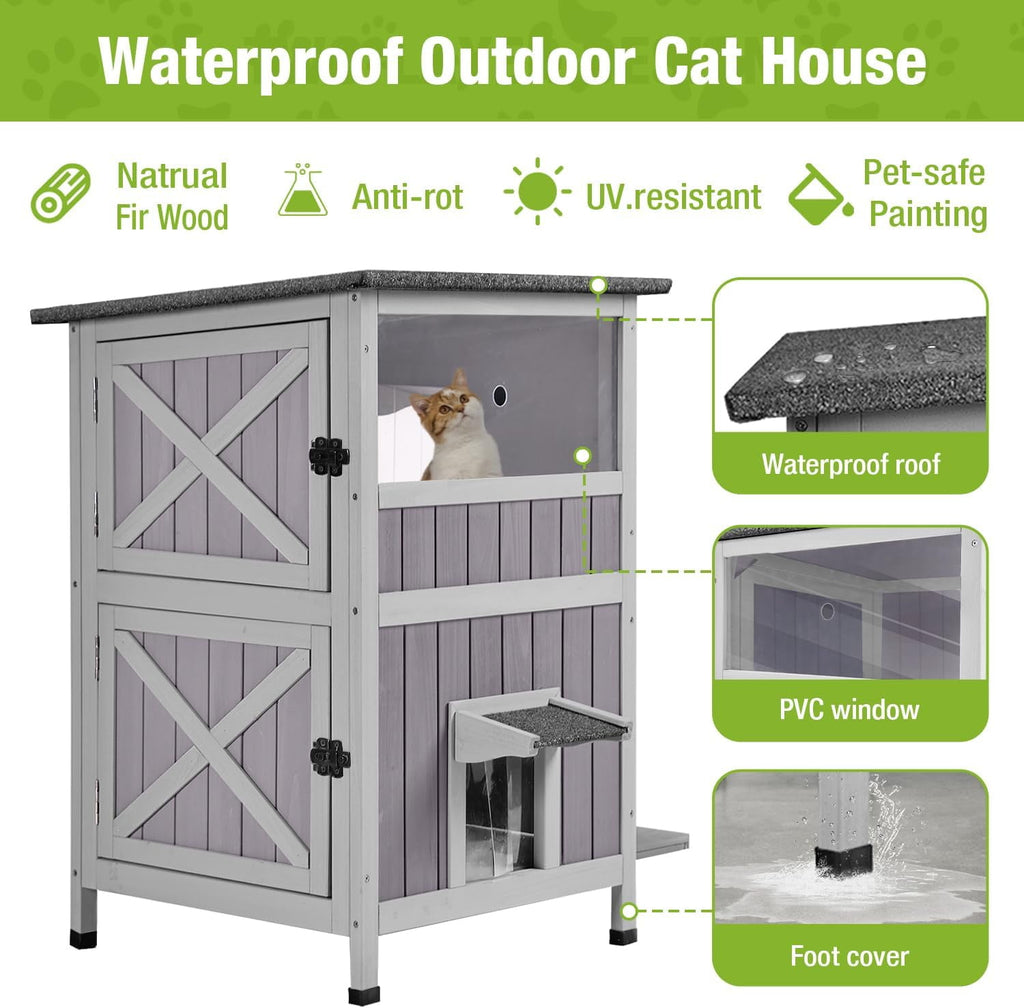 Aivituvin Outdoor Cat House, Waterproof Feral Cat Shelter, 2-Story Cat Cage for Outdoor and Indoor Use, Gray