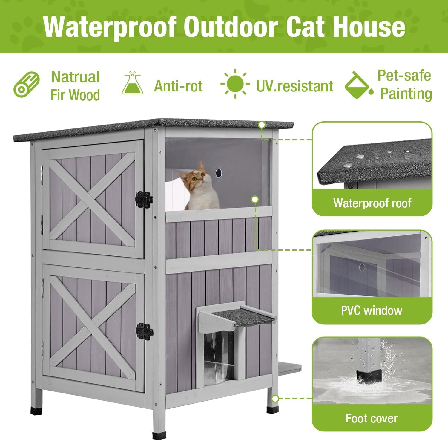 Aivituvin Outdoor Cat House, Waterproof Feral Cat Shelter, 2-Story Cat Cage for Outdoor and Indoor Use, Gray