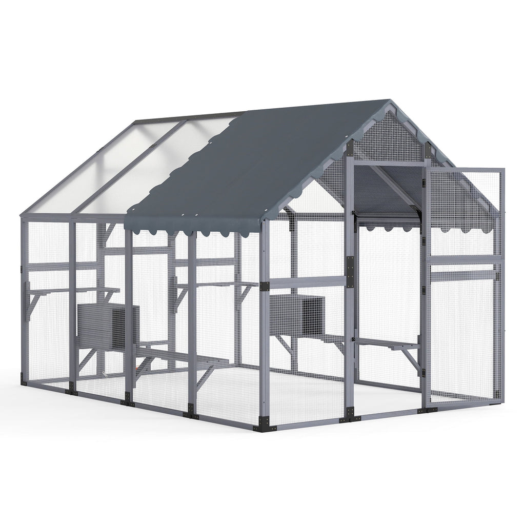 COZIWOW 108" Outdoor Large Cat Enclosure Wooden Kitten Catio Outside Cat House for Multiple Pets with Window Access Jumping Platforms,Gray