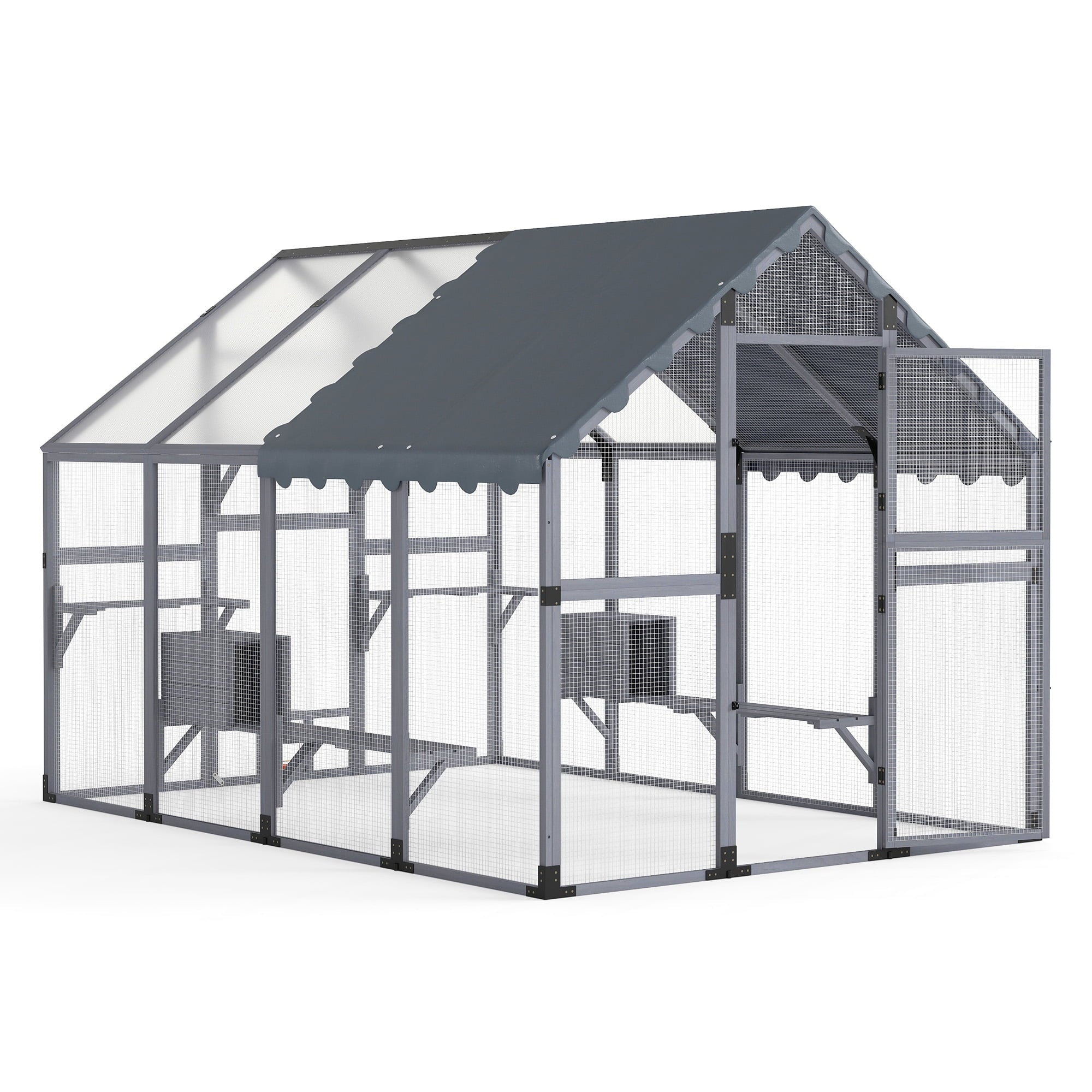 COZIWOW 108" Outdoor Large Cat Enclosure Wooden Kitten Catio Outside Cat House for Multiple Pets with Window Access Jumping Platforms,Gray