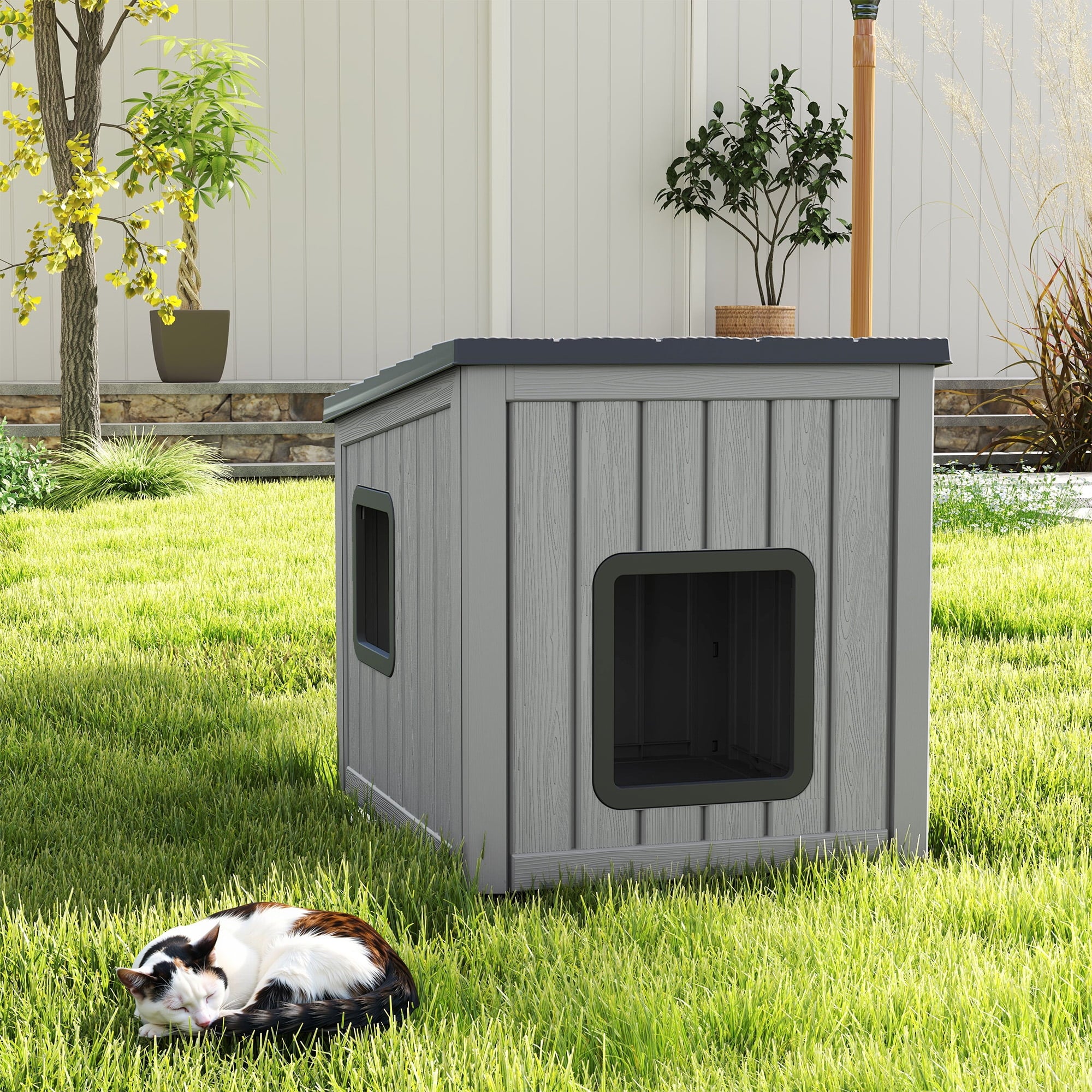 Bifanuo Outdoor Cat House, Outside Multiple Kitty Feral Cat Houses, Weatherproof Shelter for Ferrel Cats and Dogs, Durable PP Material, Insulated Shelter for Garden, Patio, or Backyard (Gray &amp; Black)