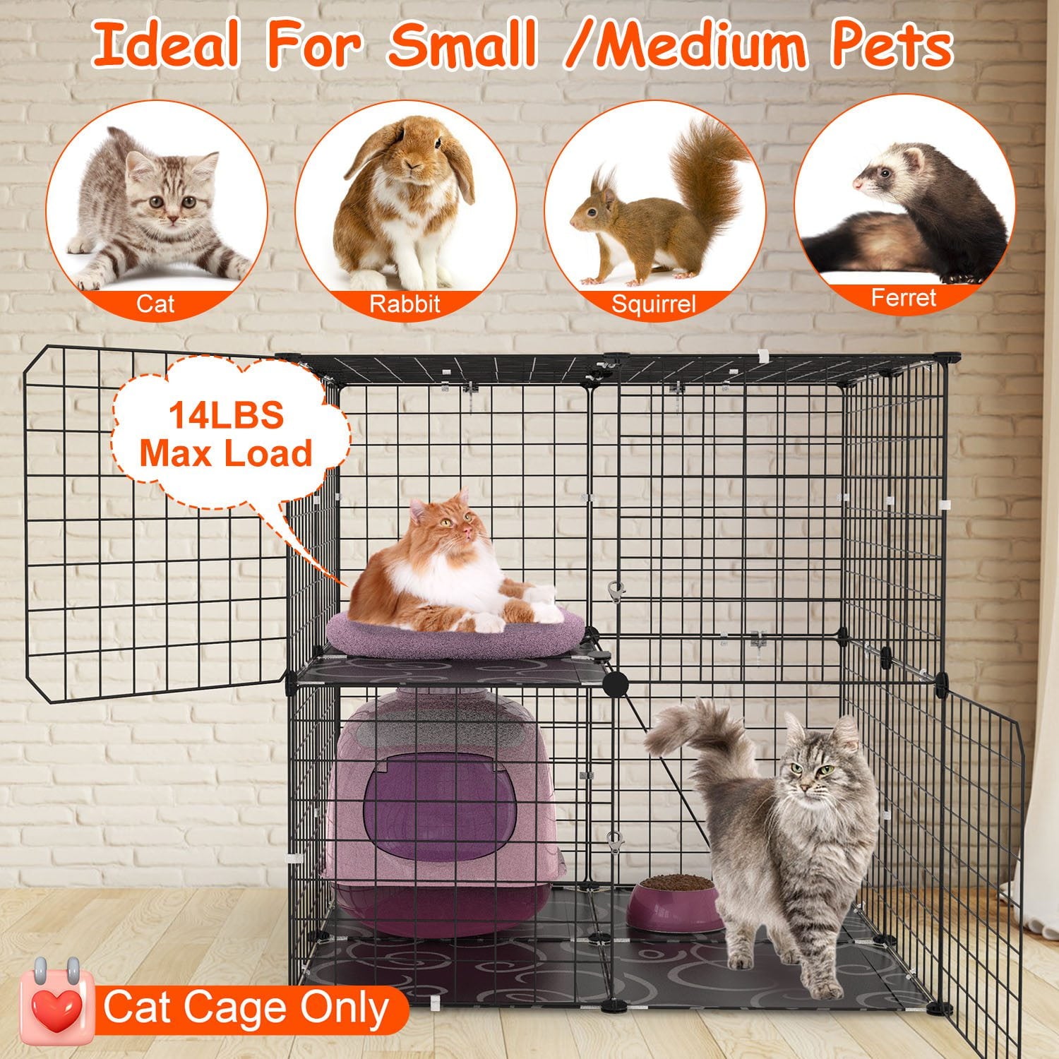 Moclever 2Tier Cat Cage Playpen, Iron Indoor Cat House with 2 Doors 1 Ladder for 1-2 Animals, Black