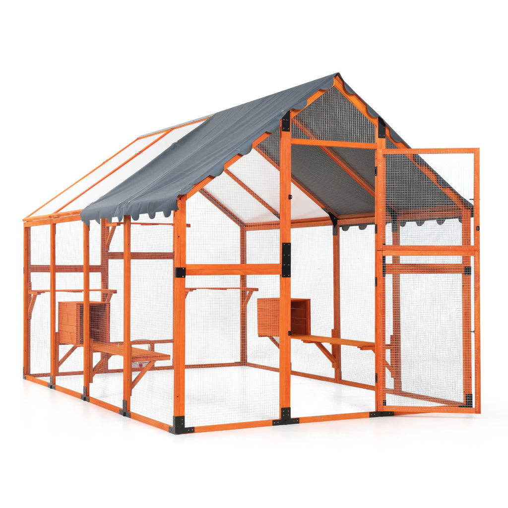 COZIWOW 108" Outdoor Large Cat Enclosure Wooden Kitten Catio Outside Cat House for Multiple Pets with Window Access Jumping Platforms,Gray
