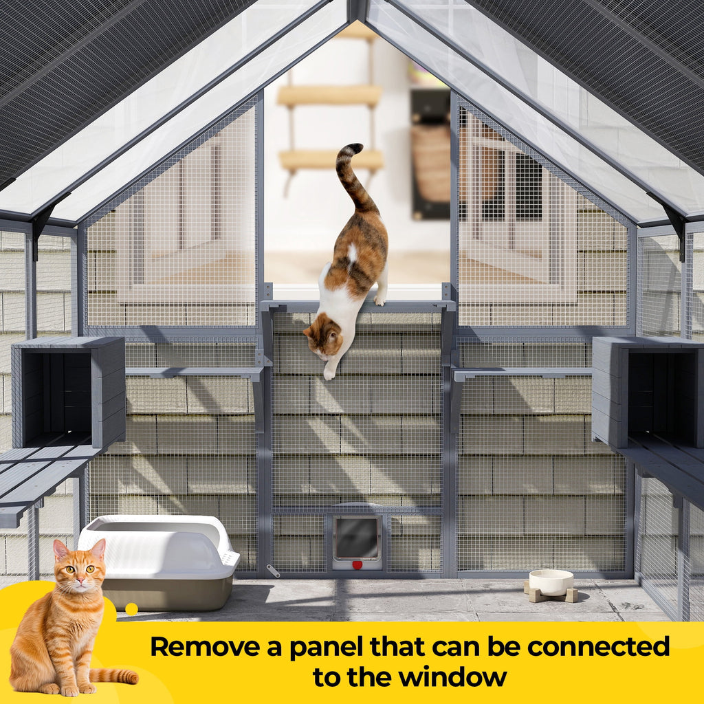 COZIWOW 108" Outdoor Large Cat Enclosure Wooden Kitten Catio Outside Cat House for Multiple Pets with Window Access Jumping Platforms,Gray