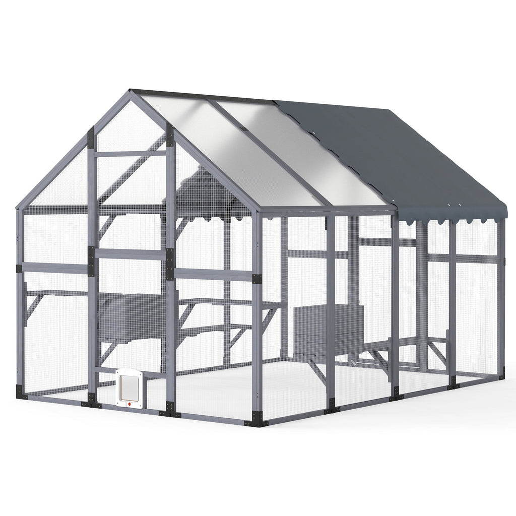 COZIWOW 108" Outdoor Large Cat Enclosure Wooden Kitten Catio Outside Cat House for Multiple Pets with Window Access Jumping Platforms,Gray
